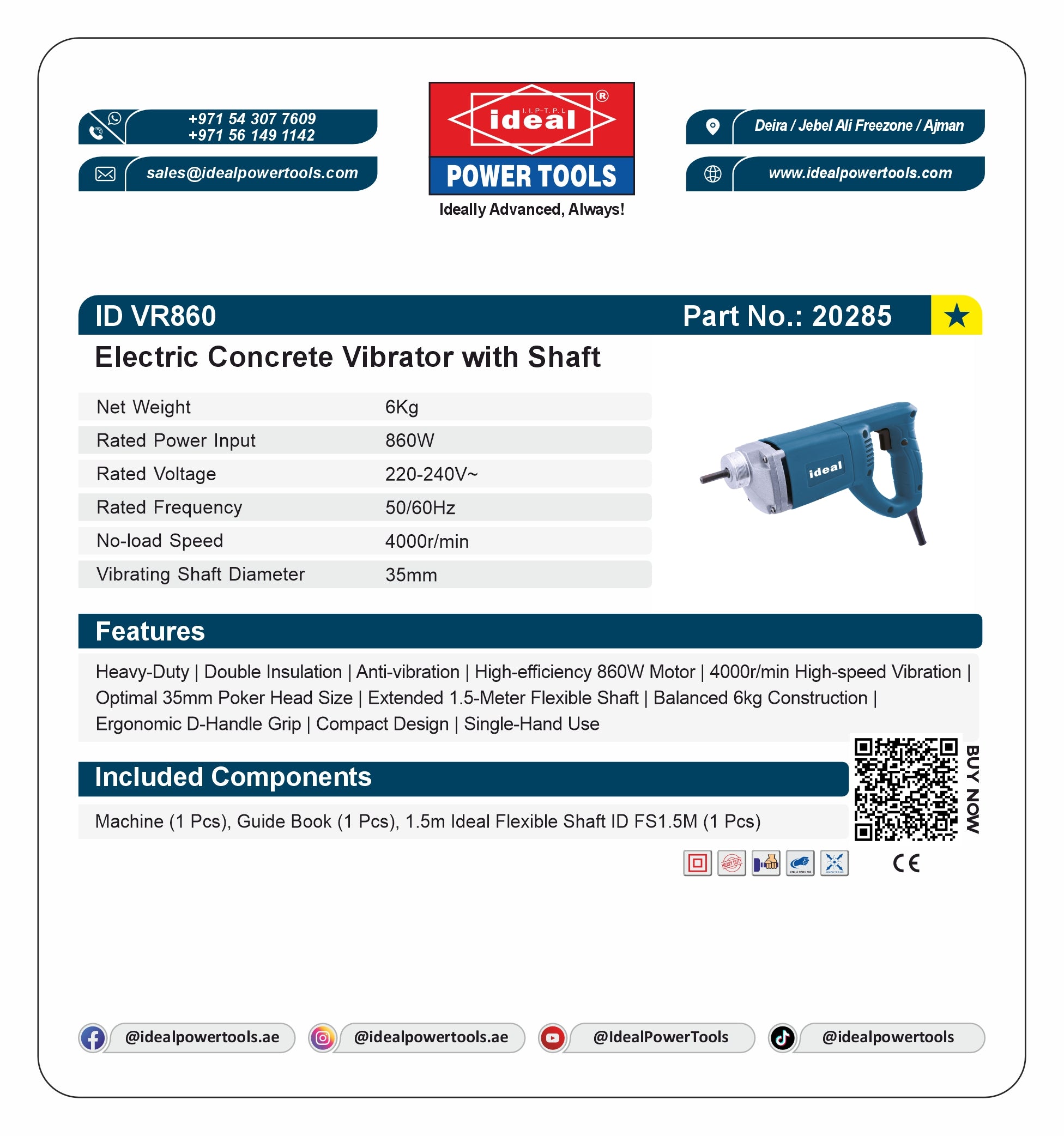 Product card of an electric concrete vibrator with product specifications and features on a white background