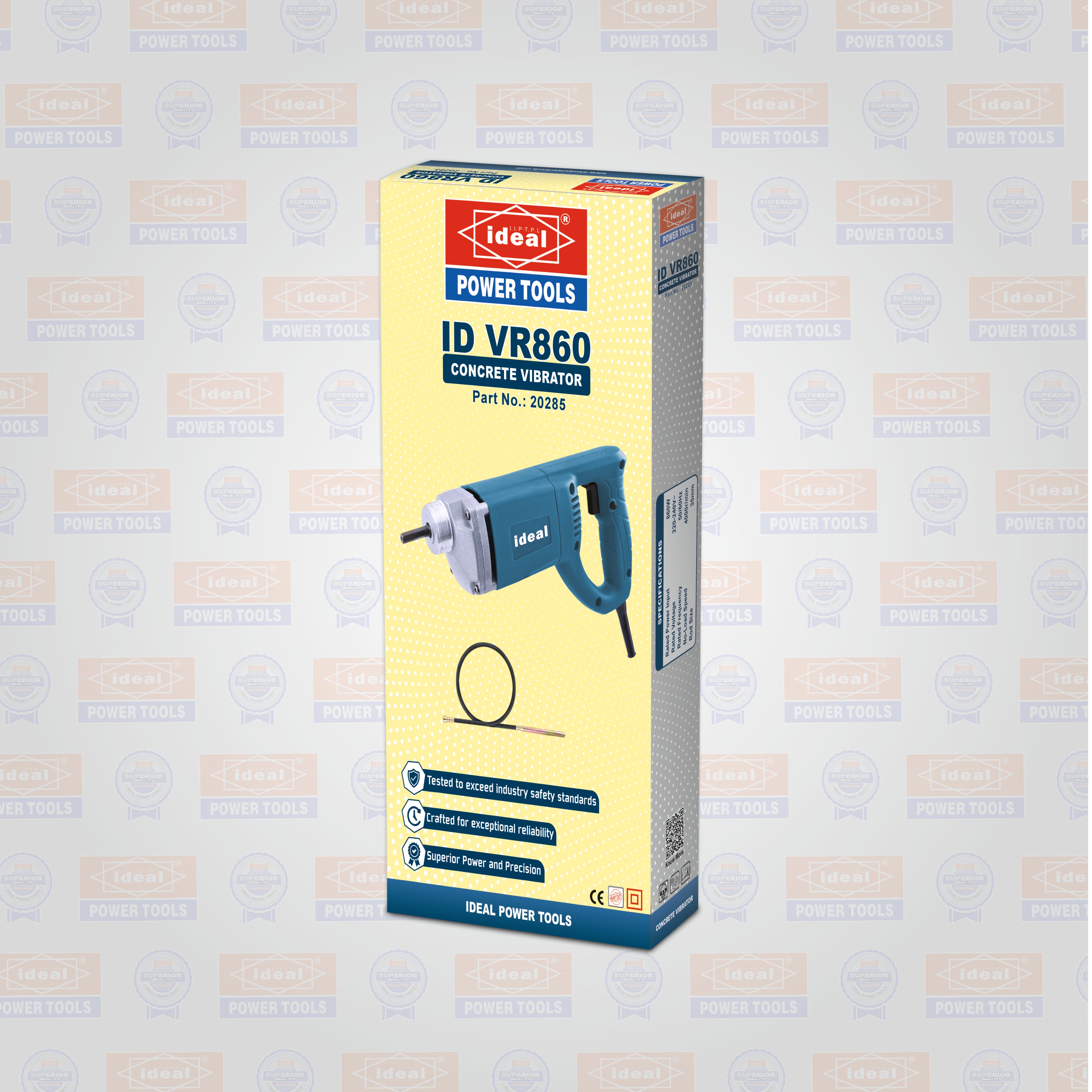 Box of Ideal Power Tools concrete vibrator ID VR860 on a patterned background