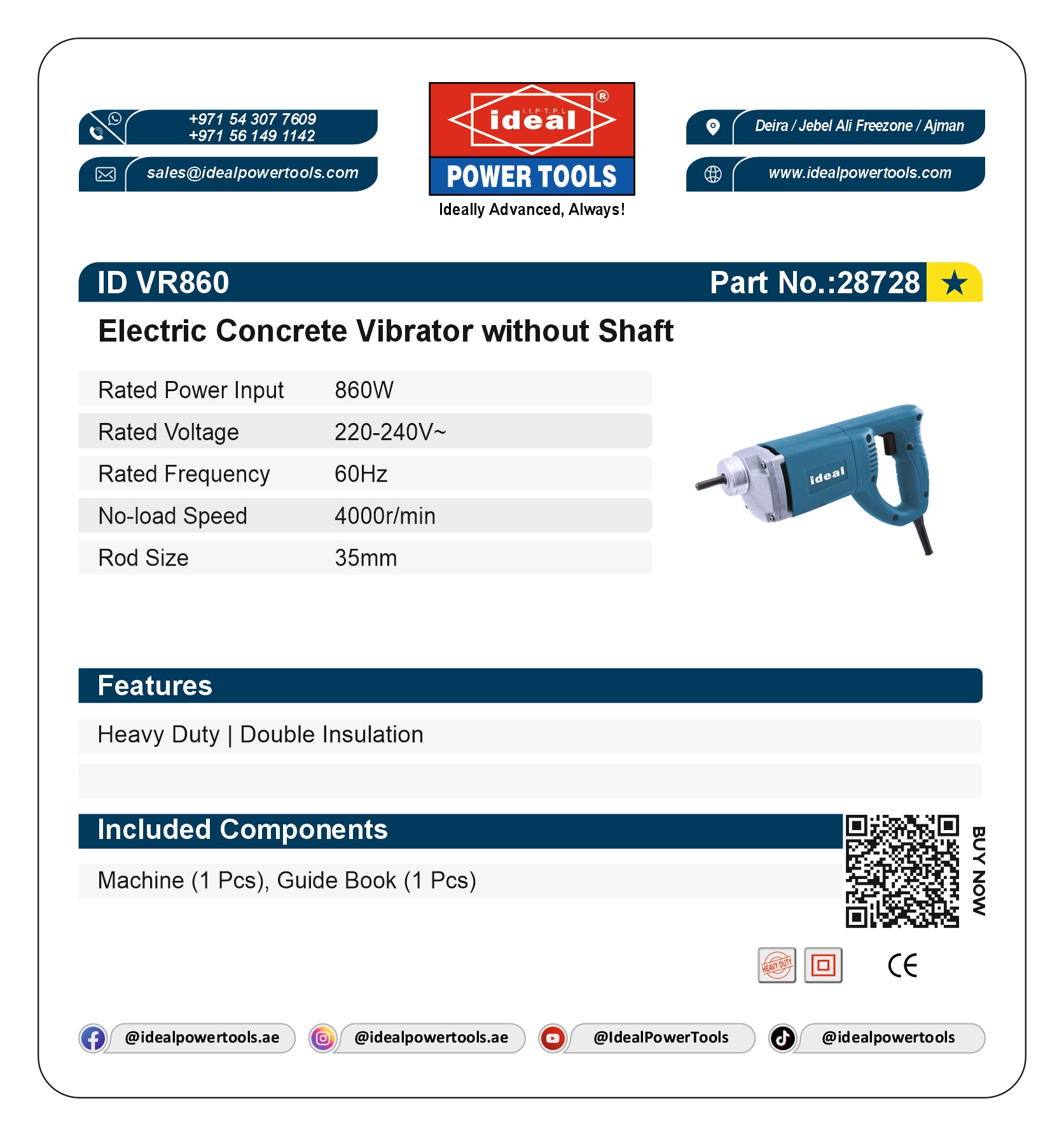 Product label for Electric Concrete Vibrator without Shaft with Ideal Power Tools branding.