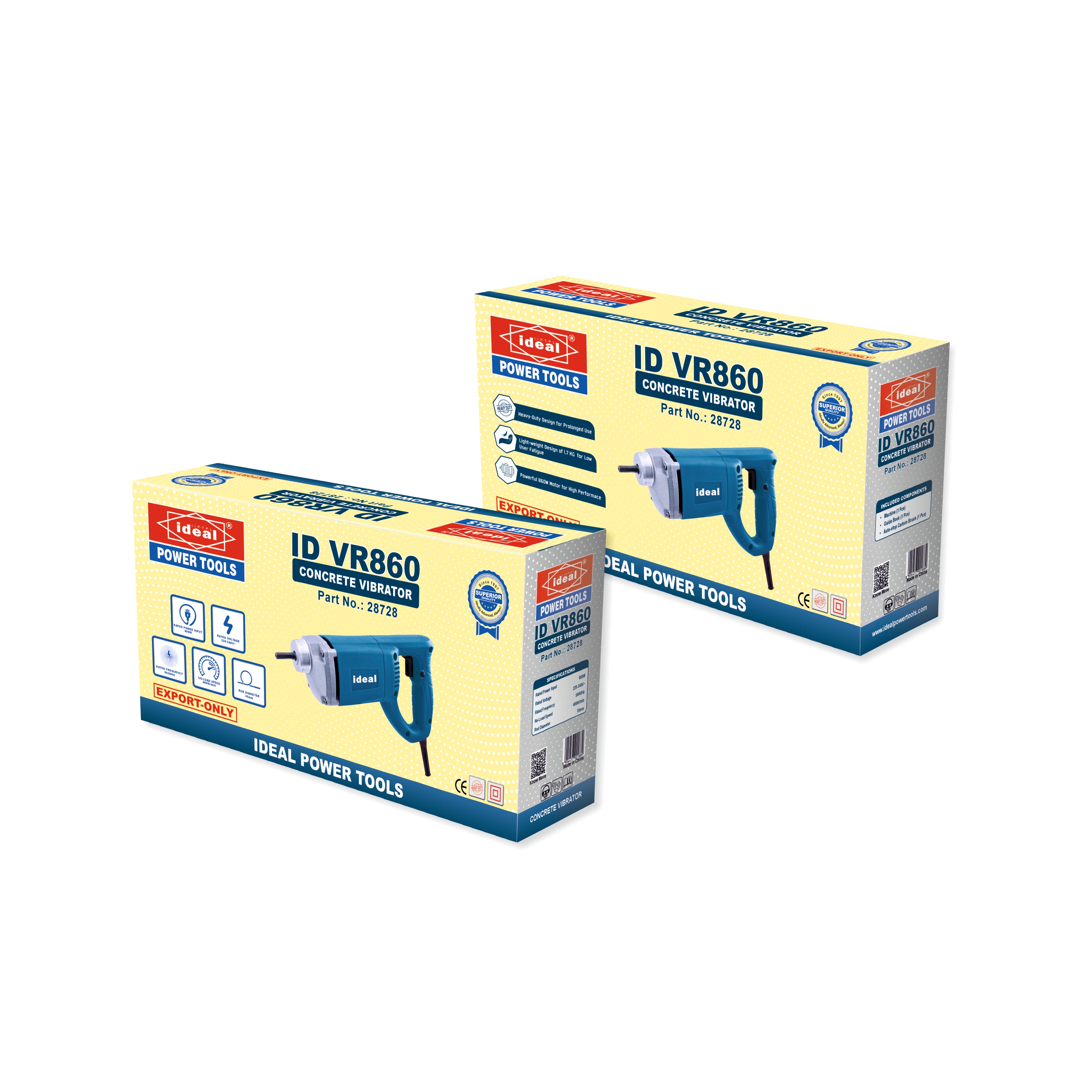 Two boxes of Ideal Power Tools ID VR860 concrete vibrator on a white background