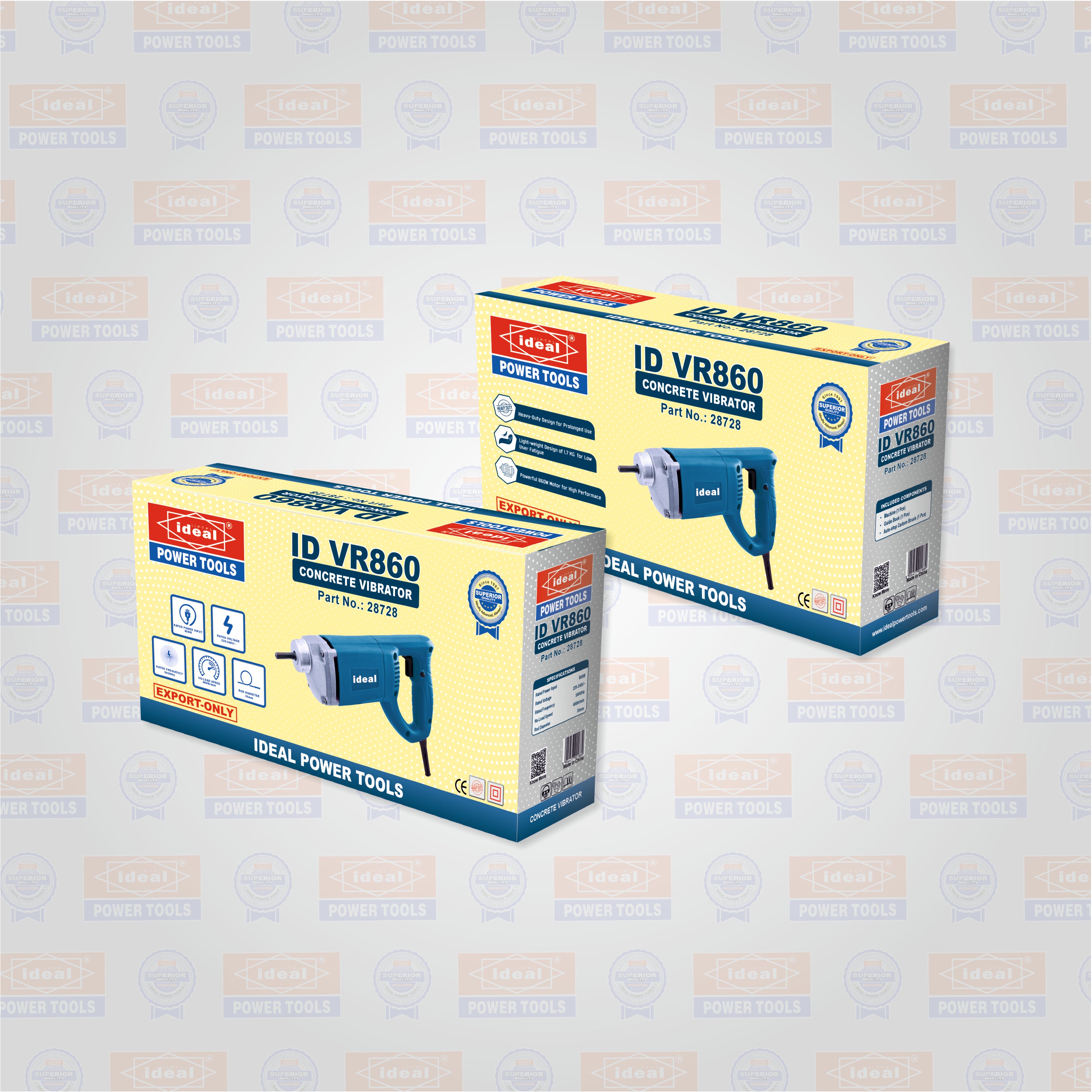 Two boxes of IDEAL Power Tools ID VR860 on a light gray background
