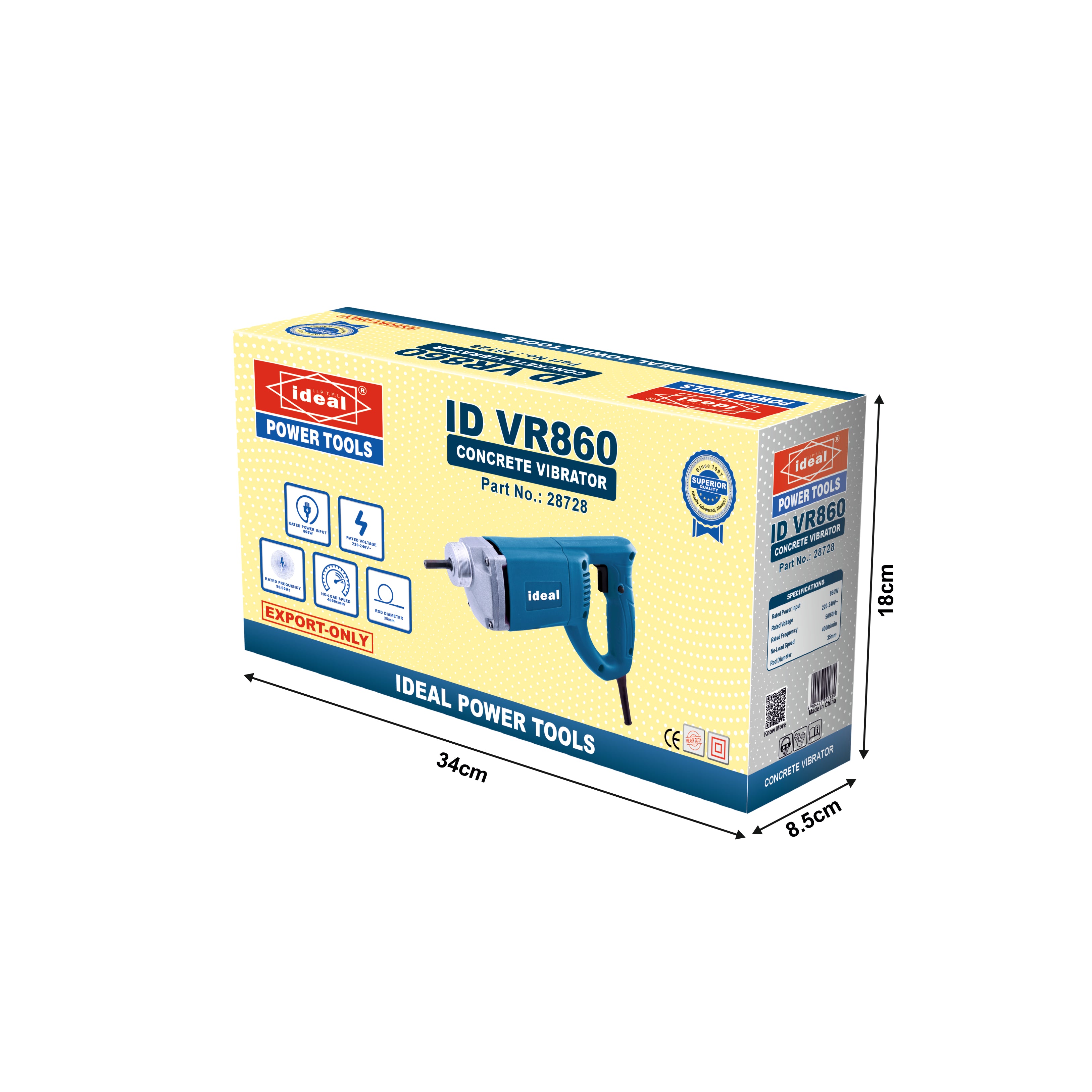 Box of Ideal Power Tools ID VR860 concrete vibrator with dimensions on a white background