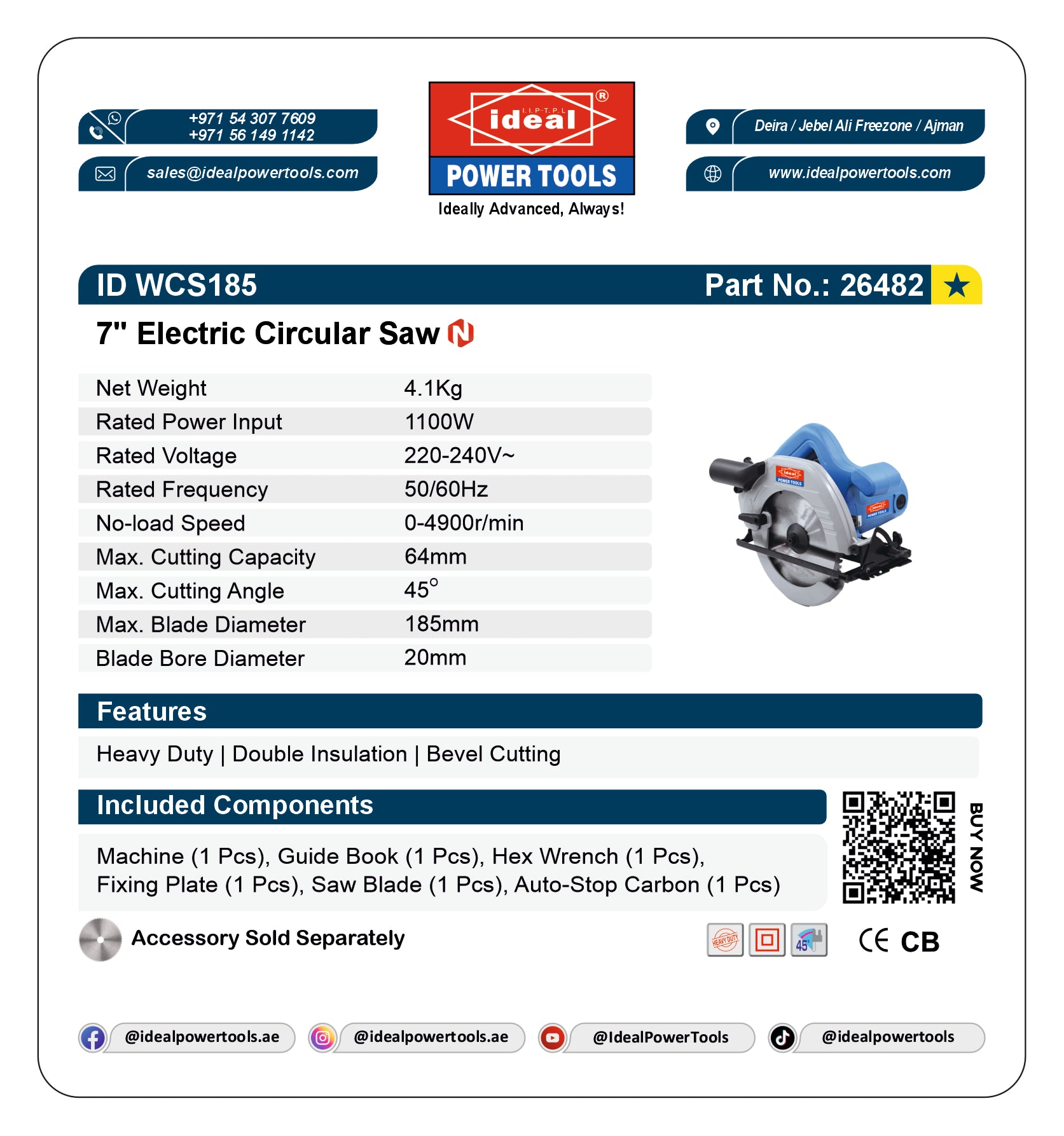 Product card for 7-inch electric circular saw ID WCS185 with specifications and branding details.