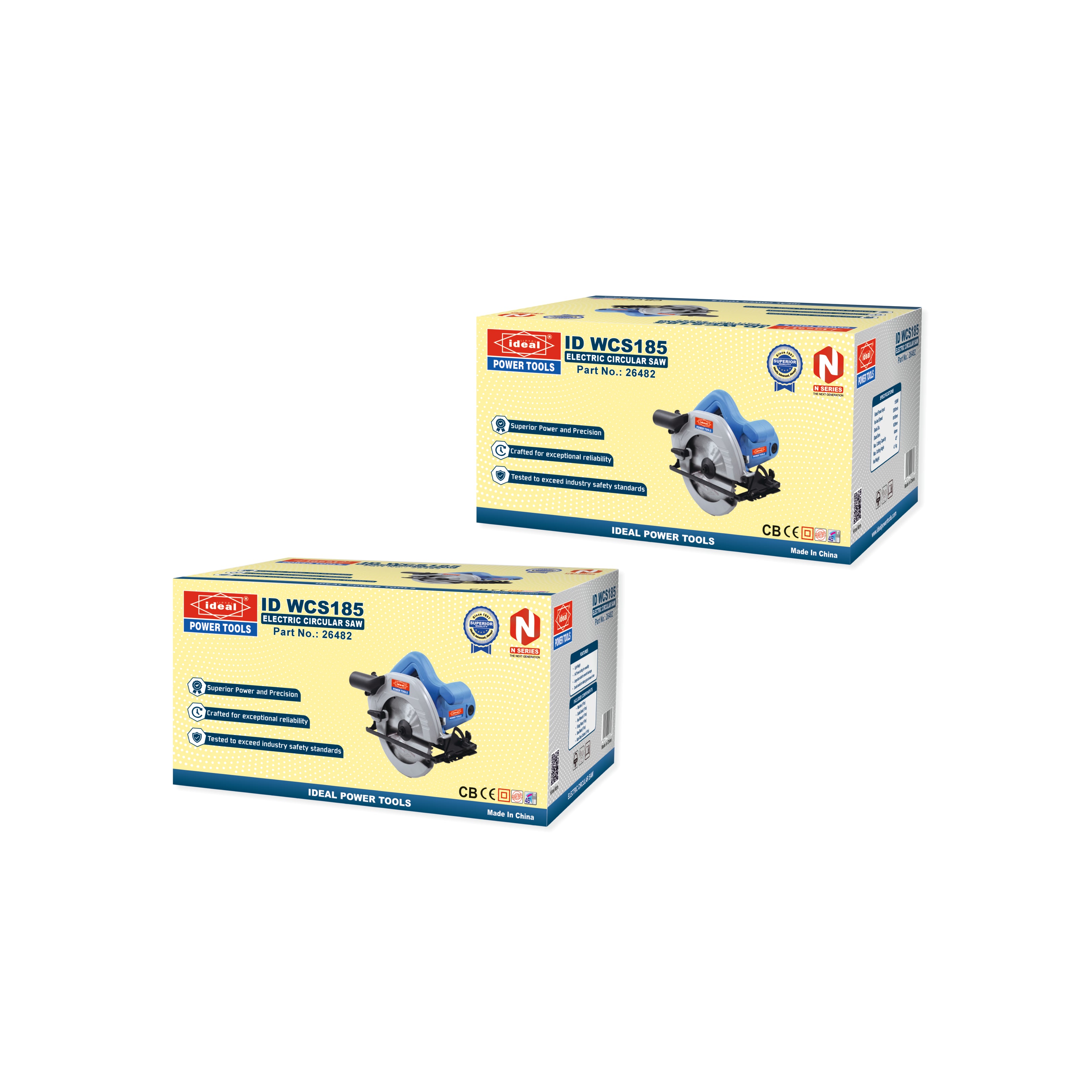 Two identical boxes of a circular saw ID WCS185 on a white background