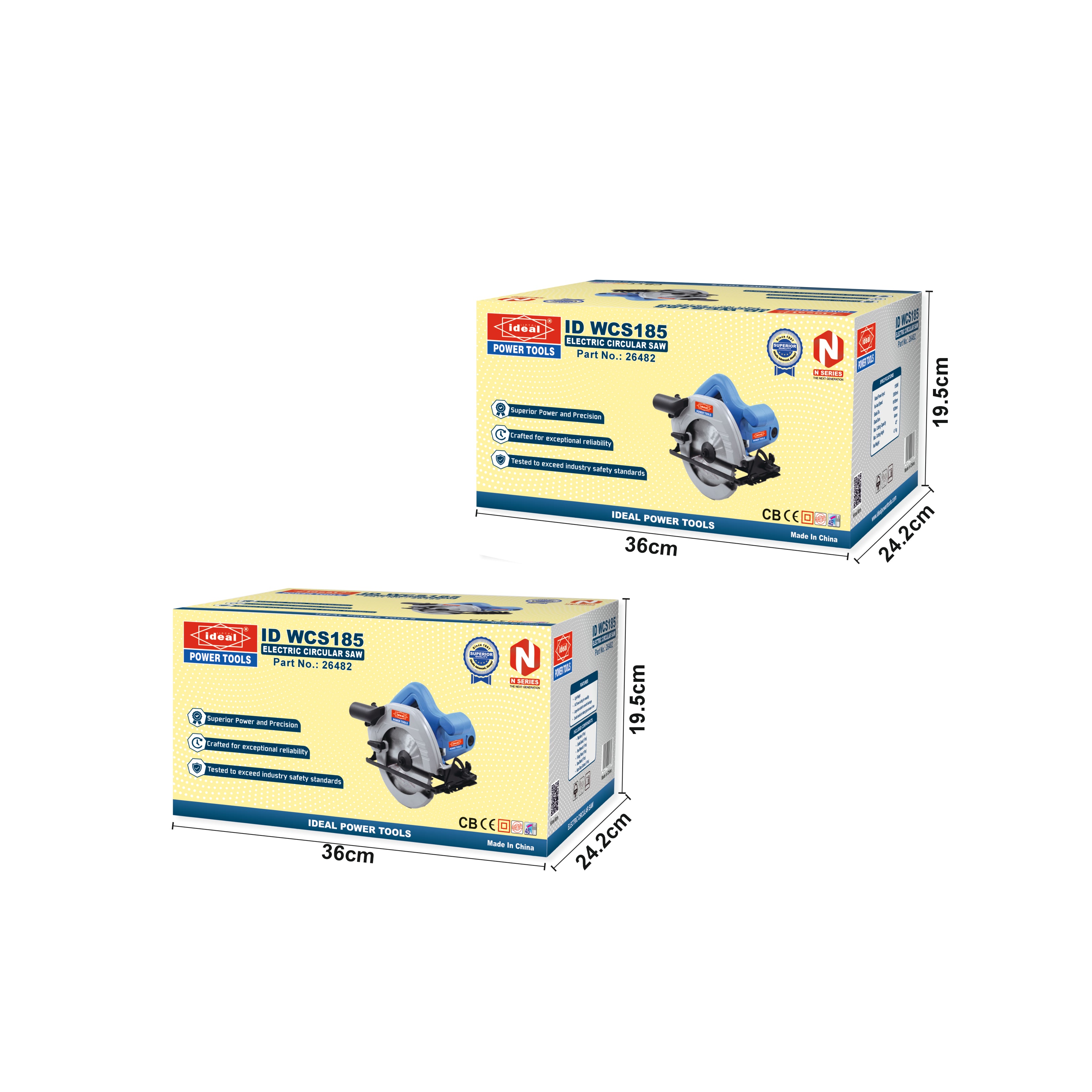 Two boxes of circular saw (ID WCS185) with product dimensions indicated