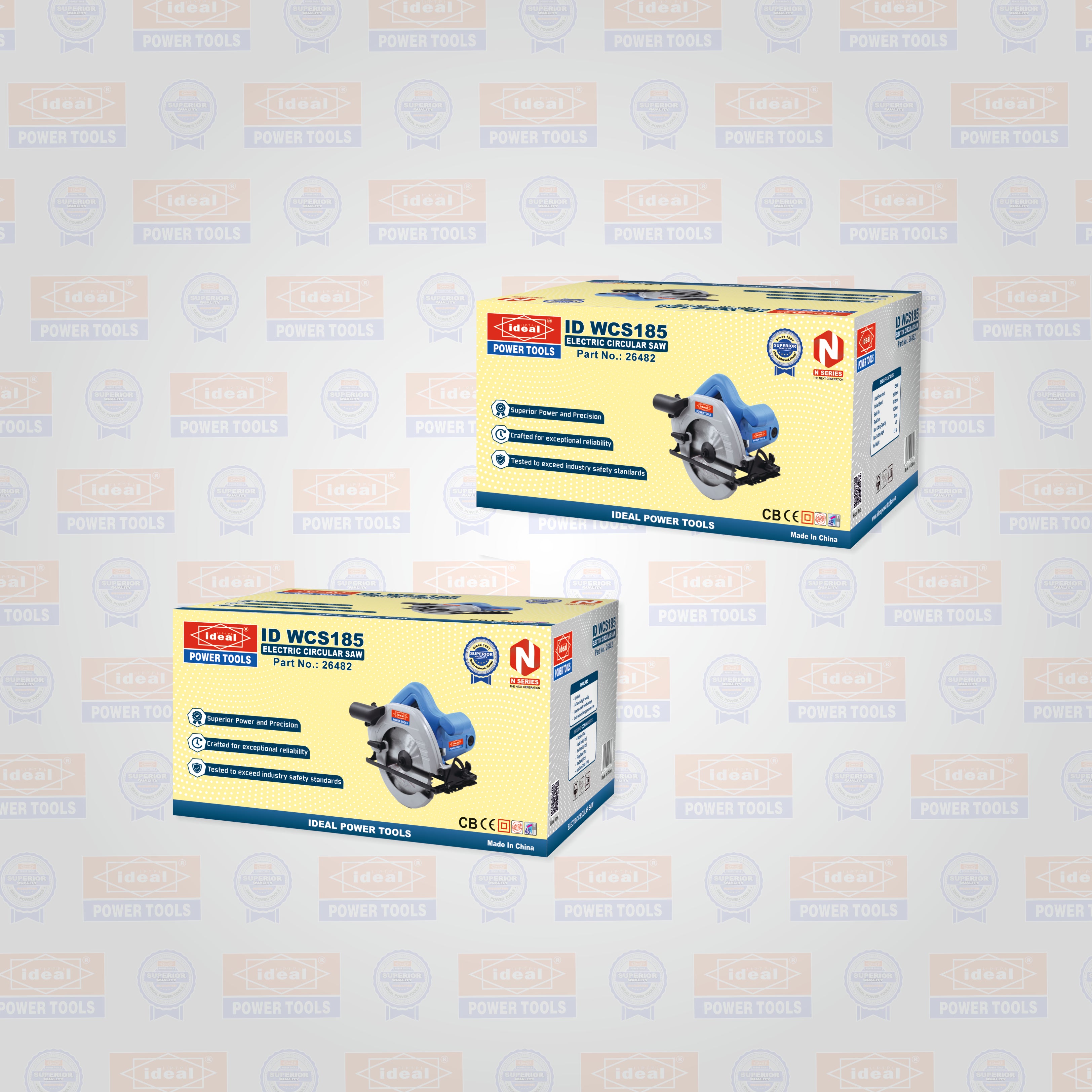 Two boxes of IDEAL POWER TOOLS circular saw ID WCS185 on a gray background with brand logos.