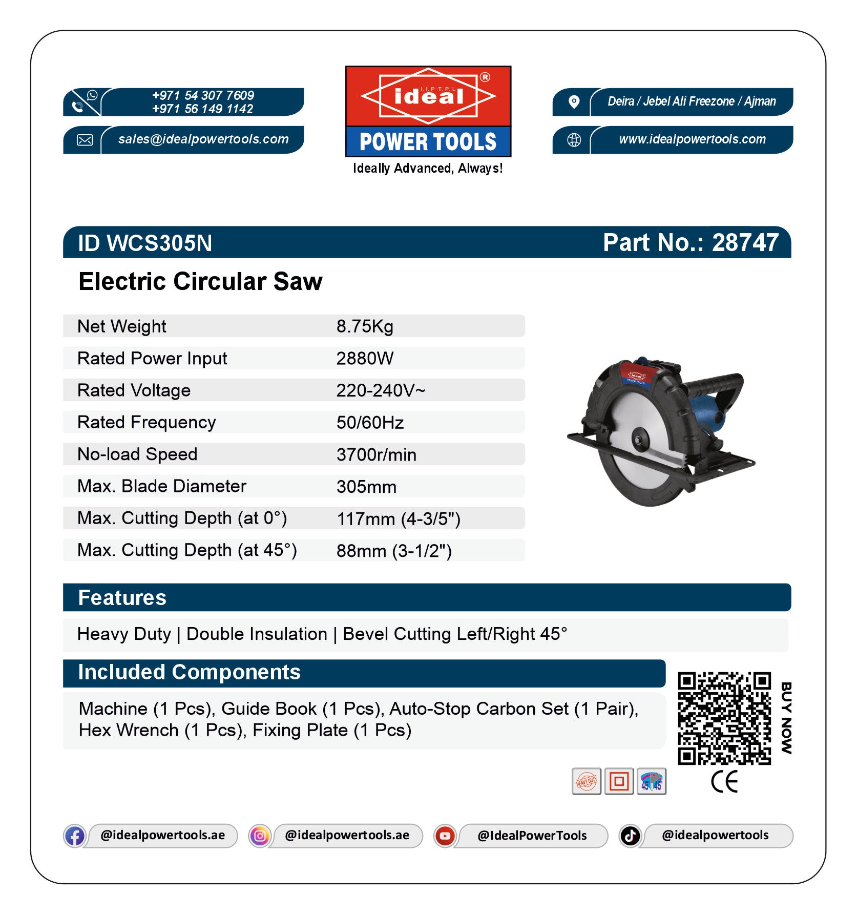 Product label for Ideal Electric Circular Saw ID WCS305N with specifications and branding.