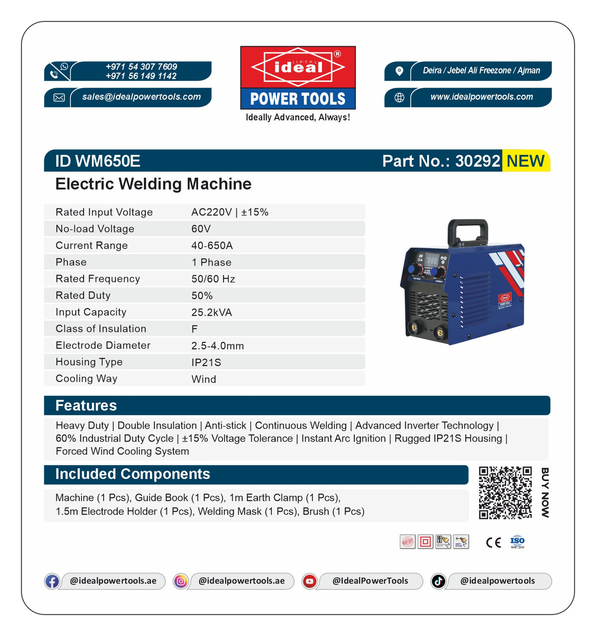 Product label for an electric welding machine with specifications and branding details.