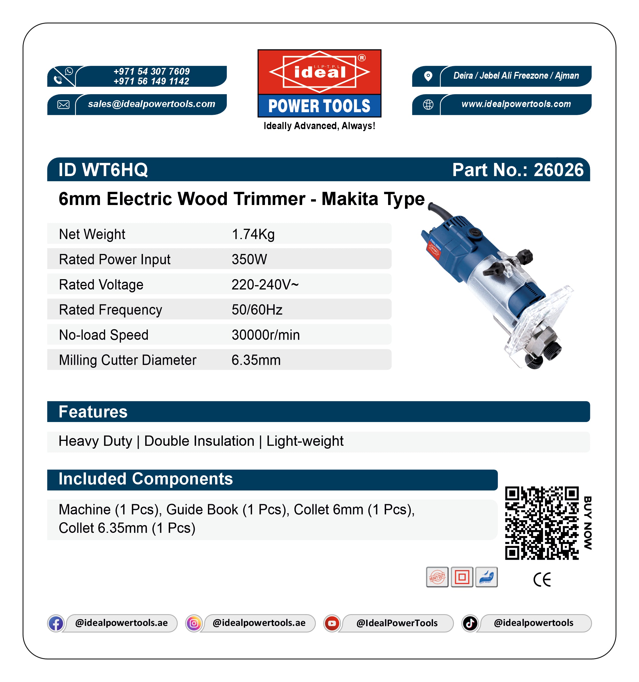 Product label for 6mm Electric Wood Trimmer with specifications and branding details.