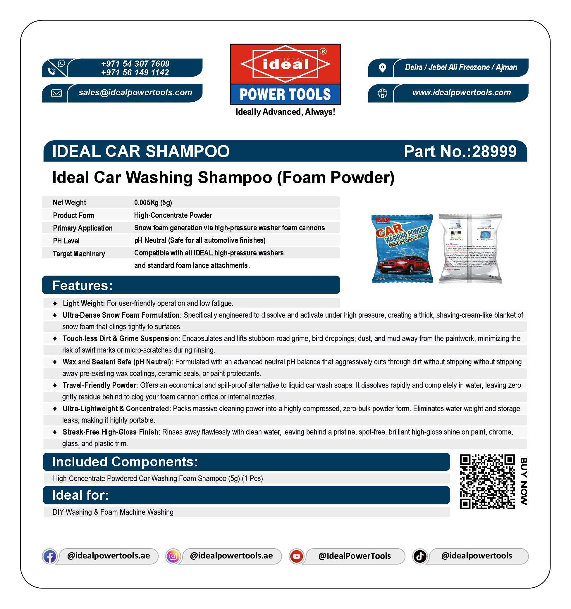 Product information sheet for Ideal Car Washing Shampoo Foam Powder with branding and contact details.