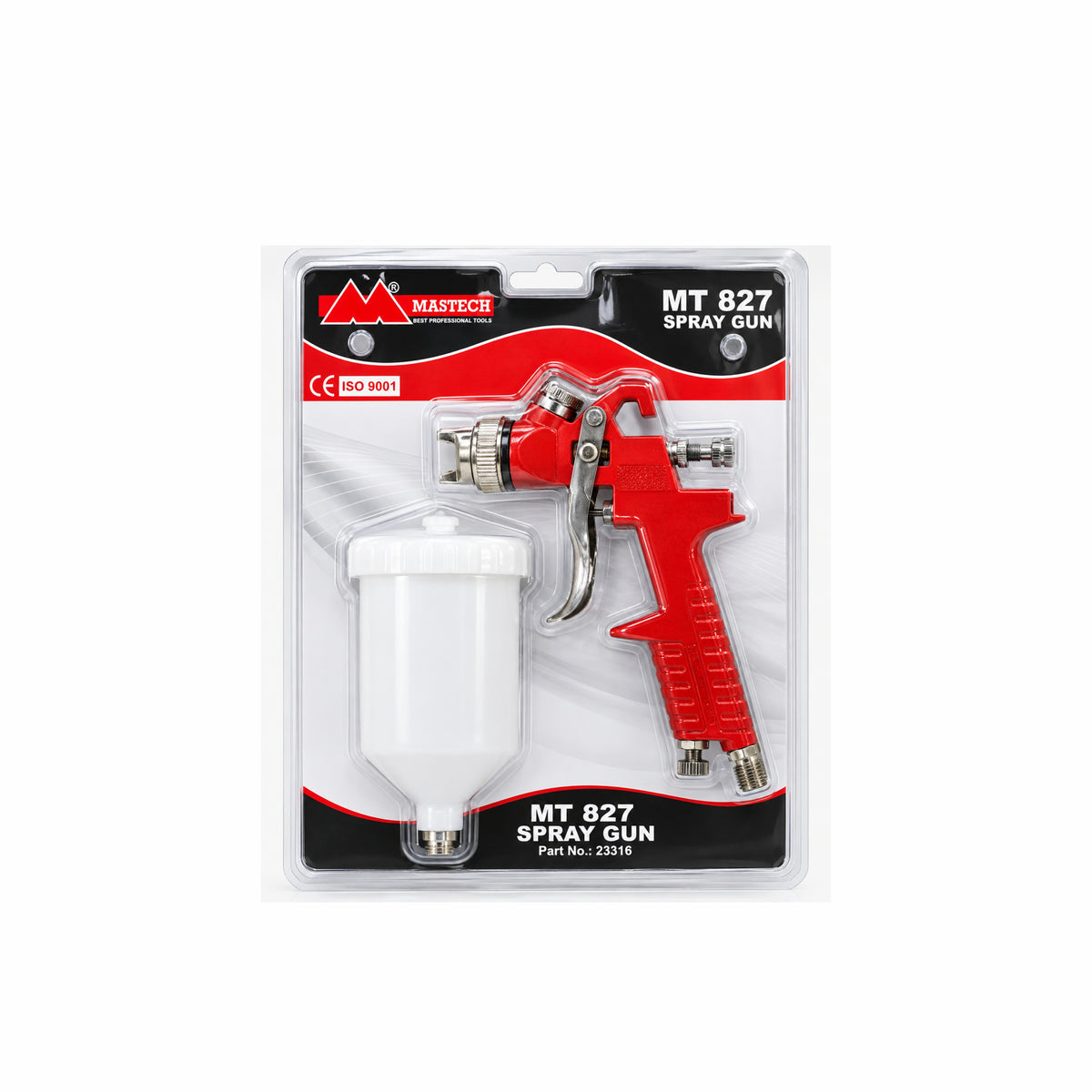 Masteric MT 827 Spray Gun with a white plastic paint cup, packaged in a clear blister pack with a black and red header card.