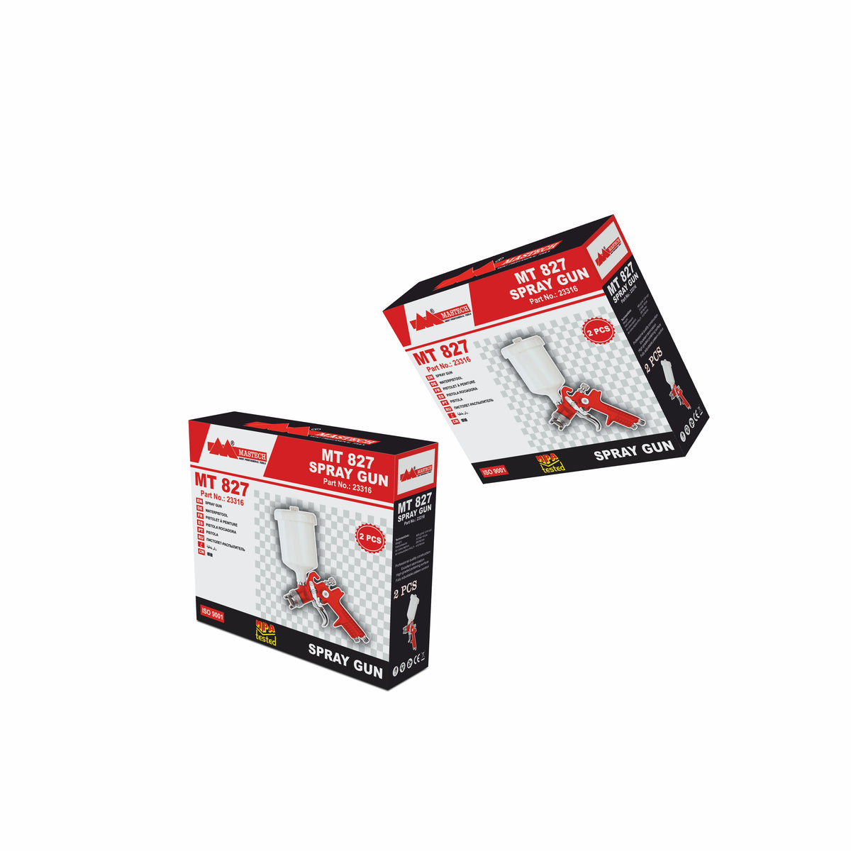 Two retail boxes of MT 827 Spray Gun shown on a plain white background, with one box upright and the other angled above it.