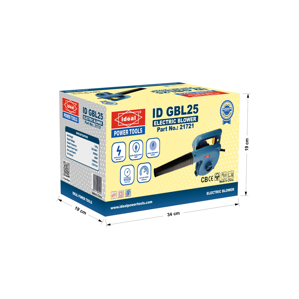 Box packaging of an IDEAL POWER TOOLS electric blower (IDGBL25) with dimensions indicated