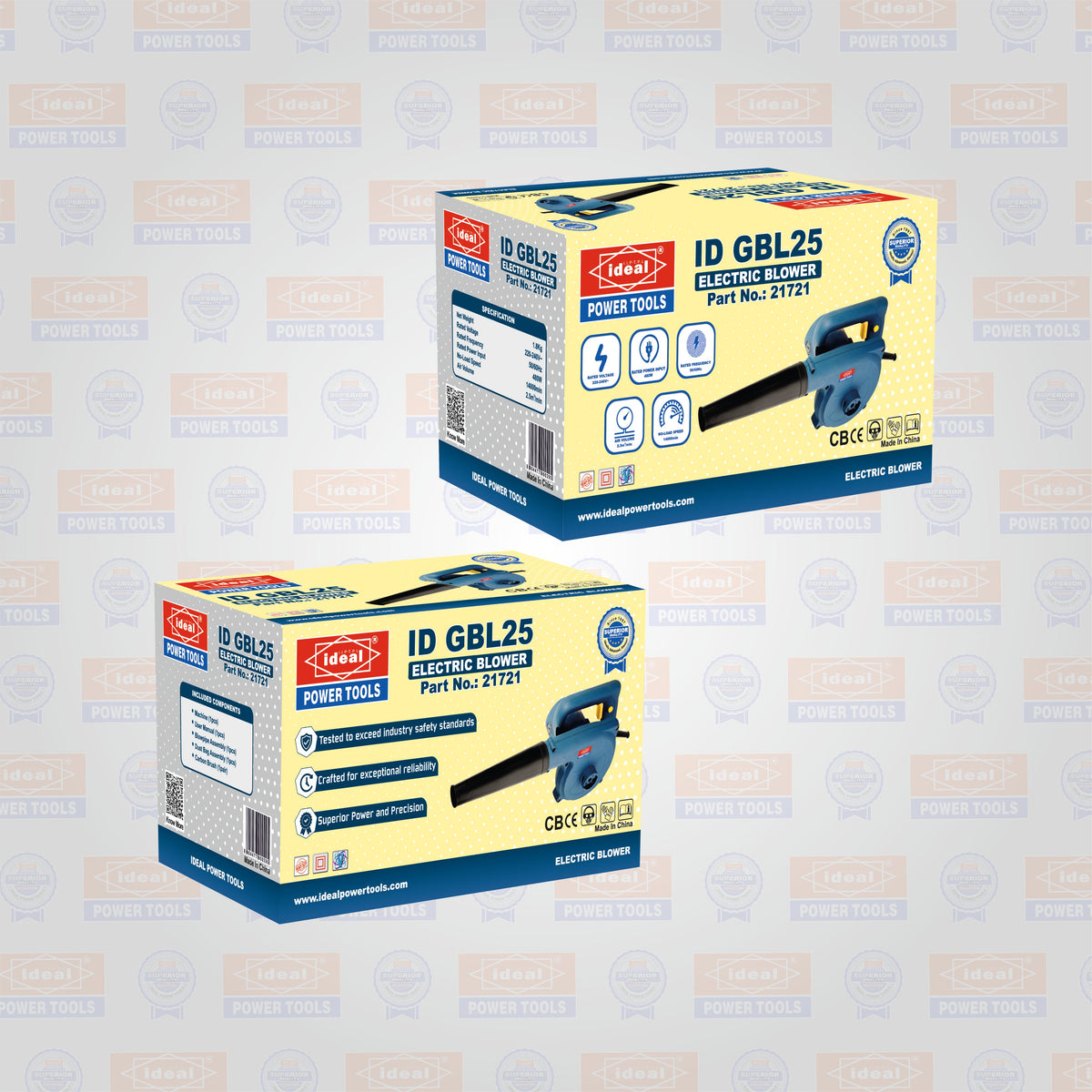Box packaging of IDEAL POWER TOOLS electric blower machine with branded background