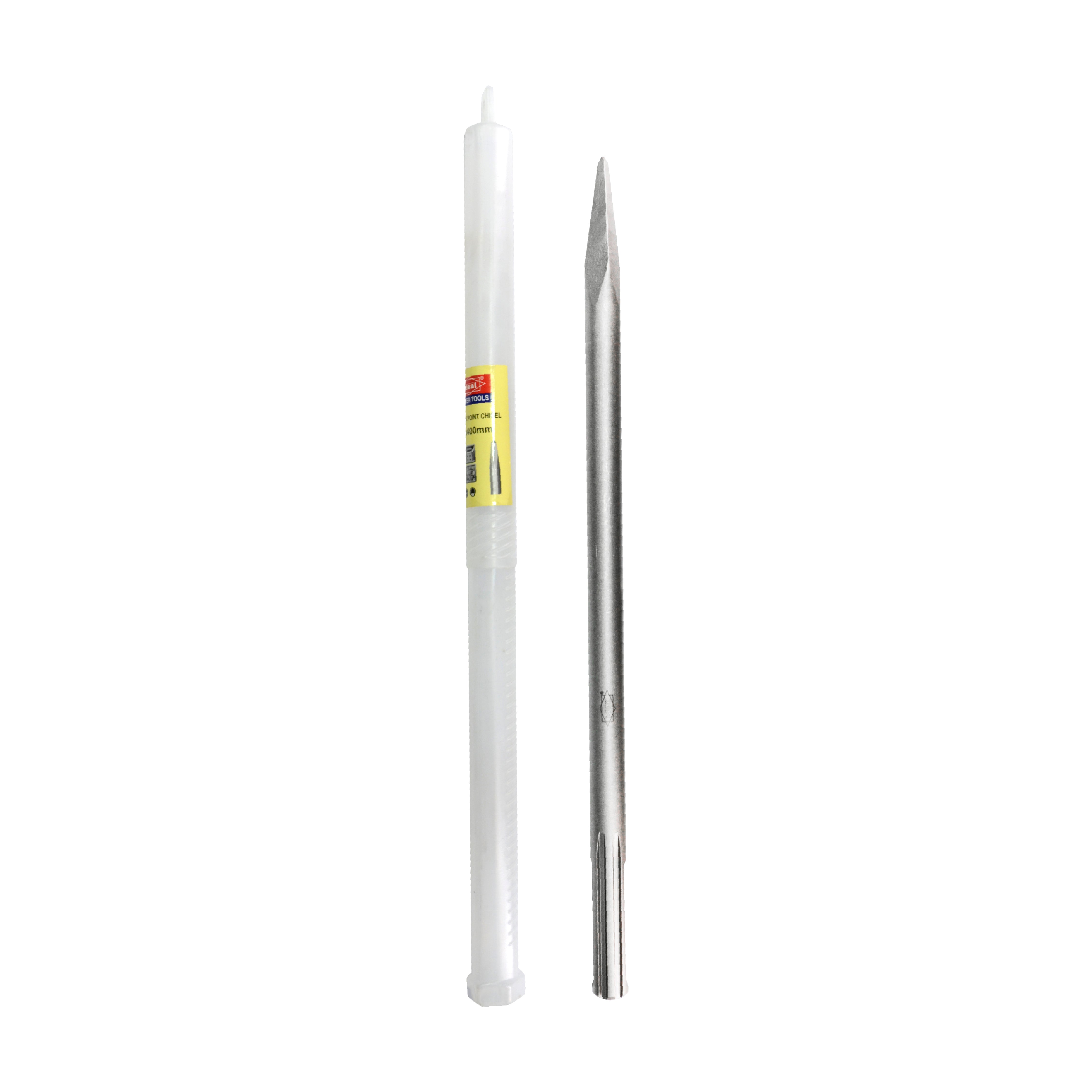 A pointed chisel with a white cylindrical container on a white background