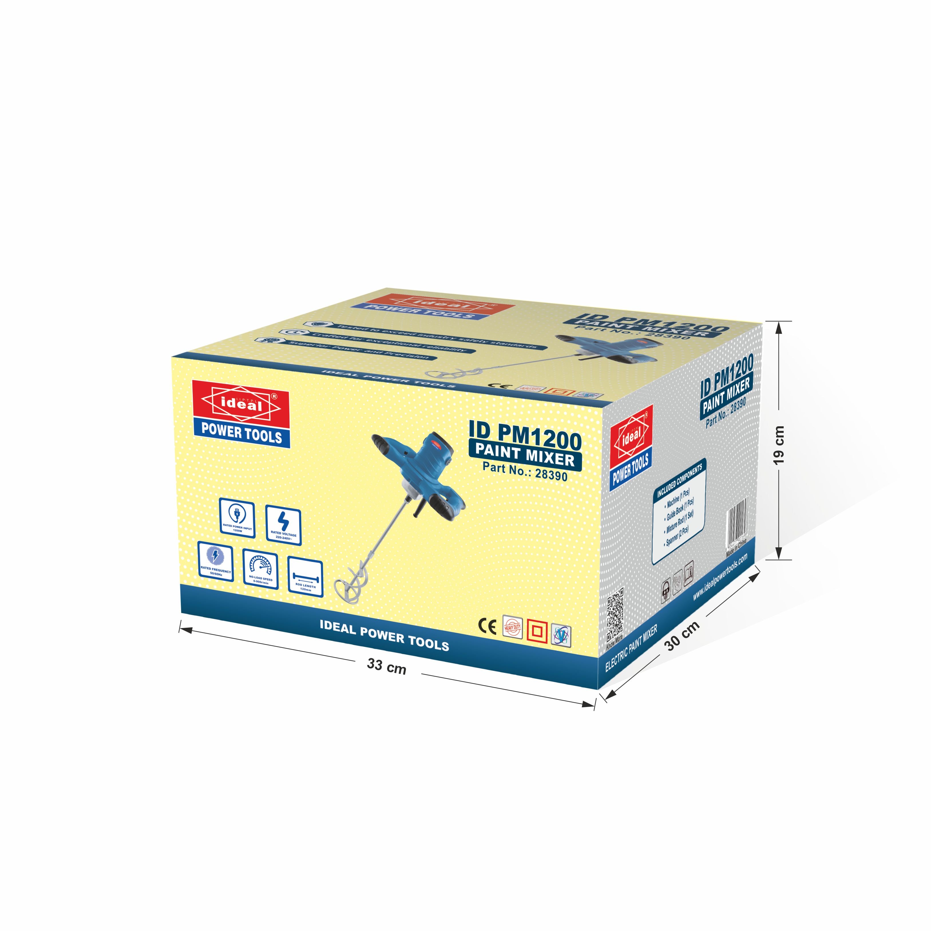 Box of Ideal Power Tools paint mixer ID PM1200 with dimensions on a white background