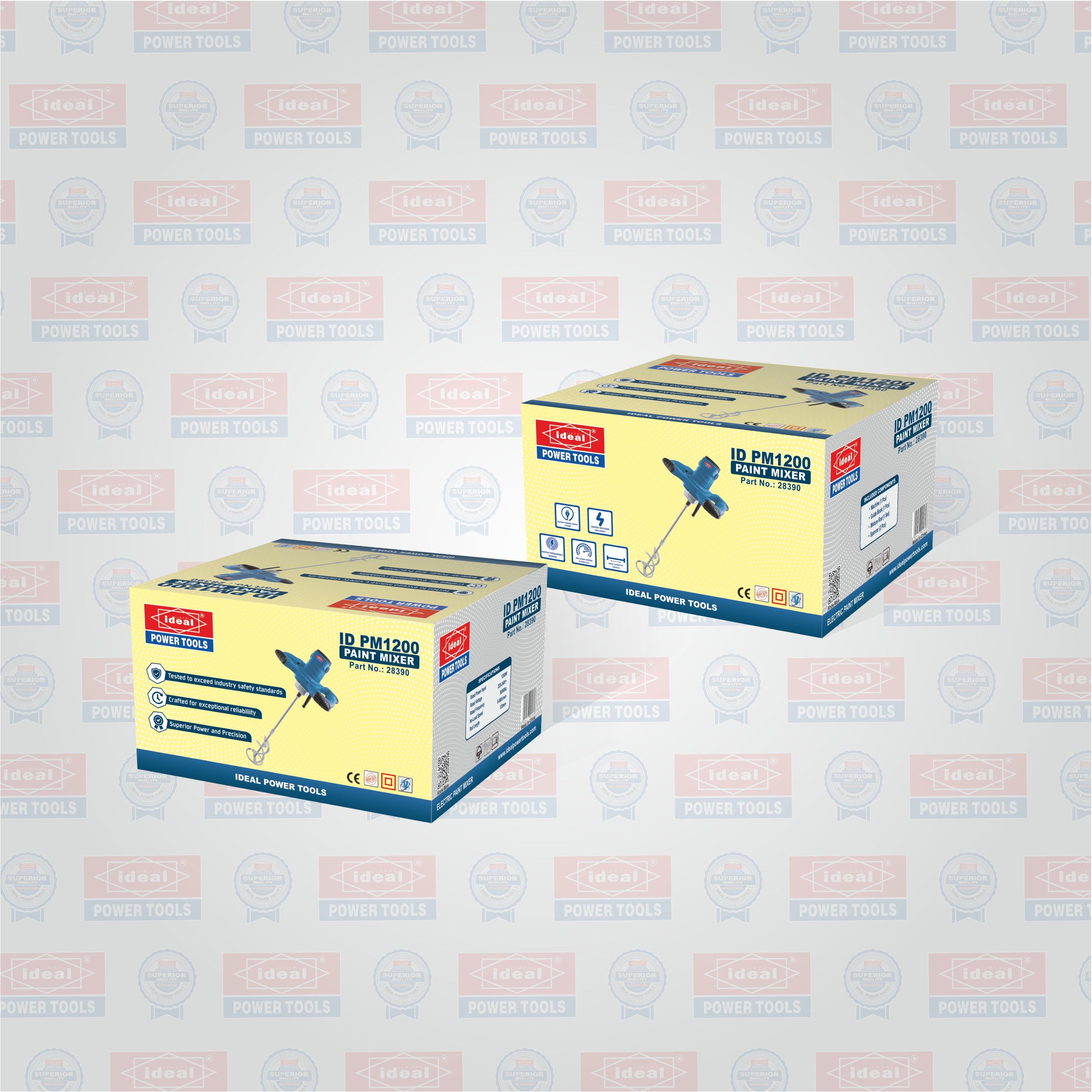 Two boxes of IDEAL Power Tools ID PM1200 on a branded background