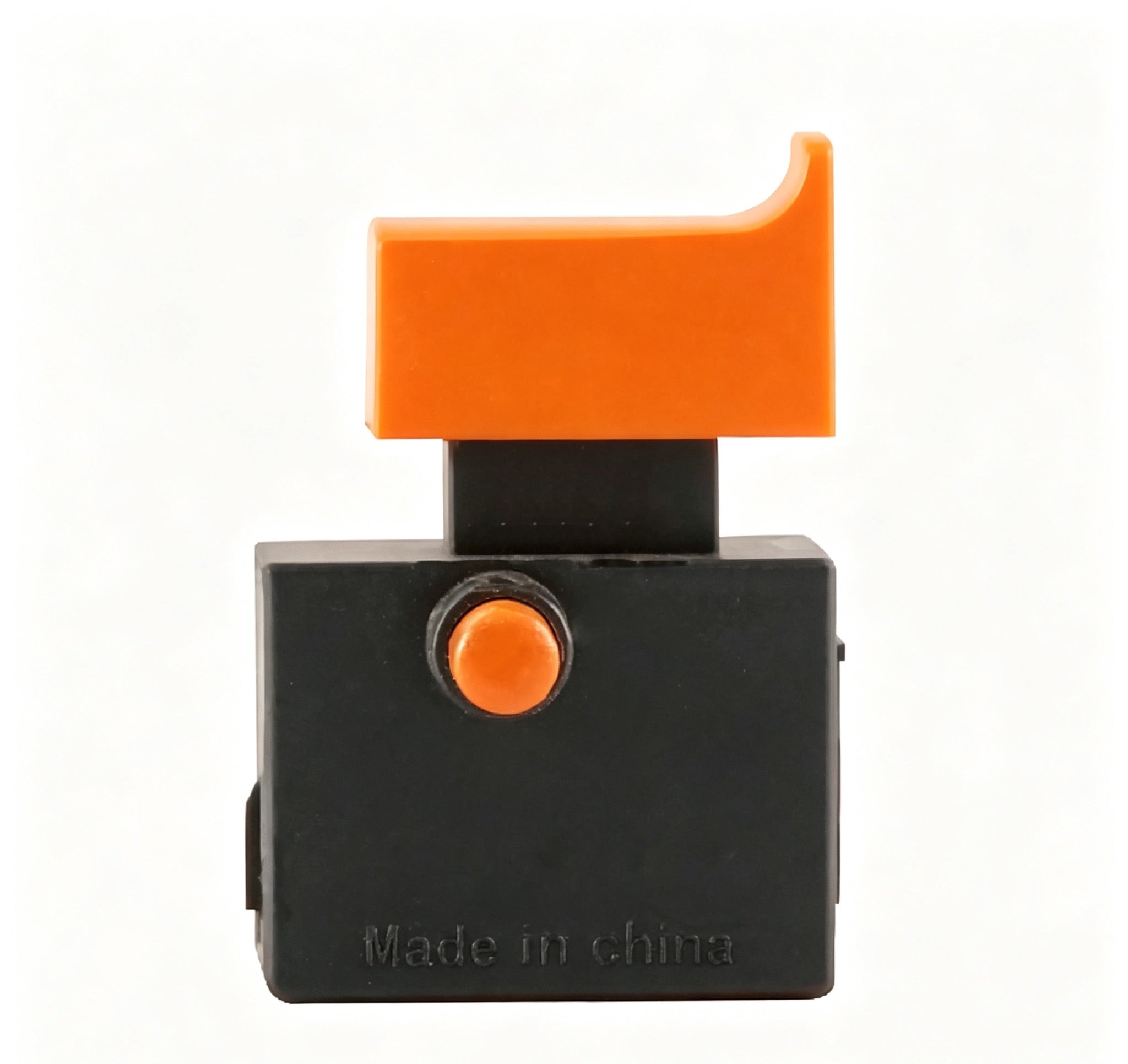Black and orange switch with 'Made in China' text on a white background
