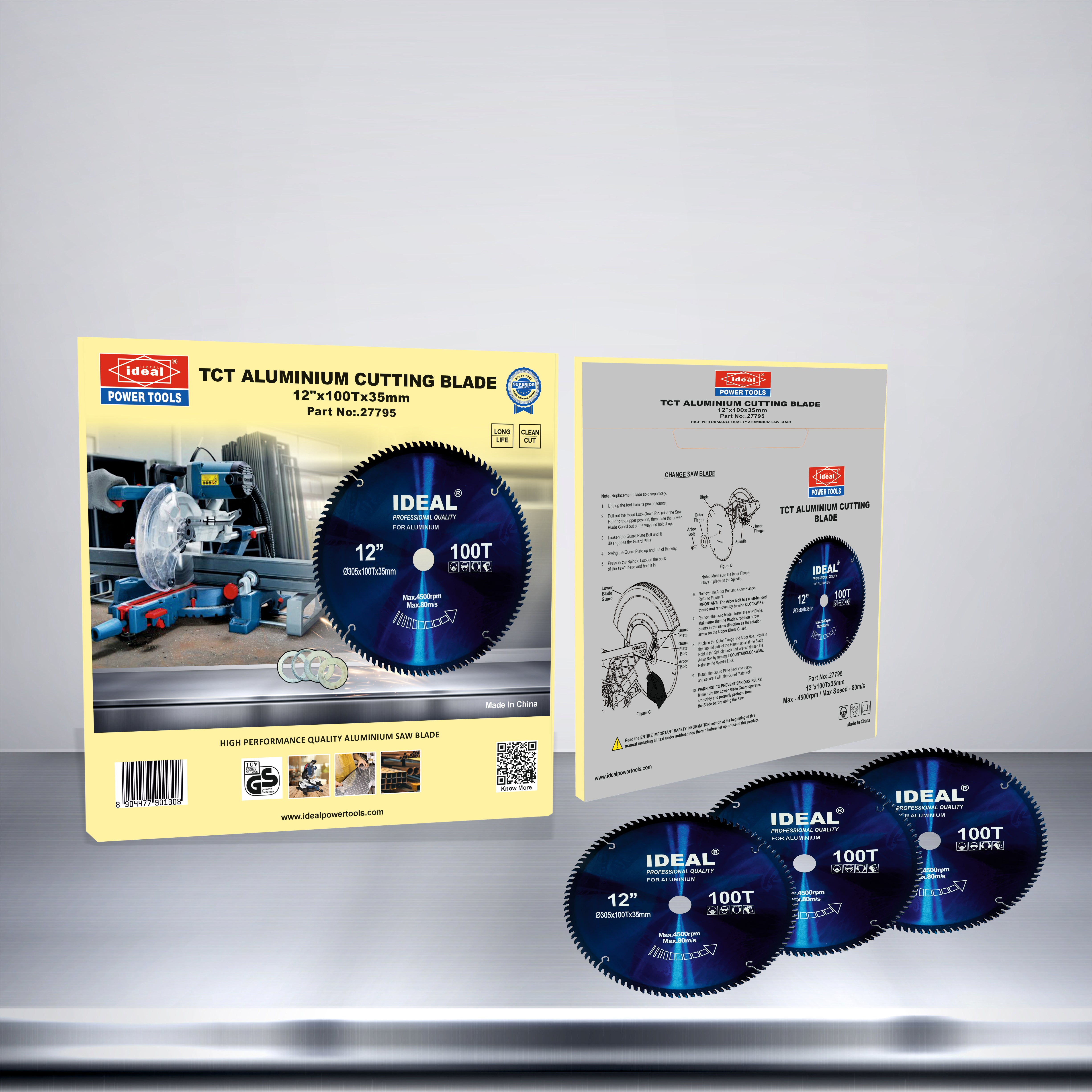 Packaging of TCT aluminum cutting blade of 12"x100T on a reflective background