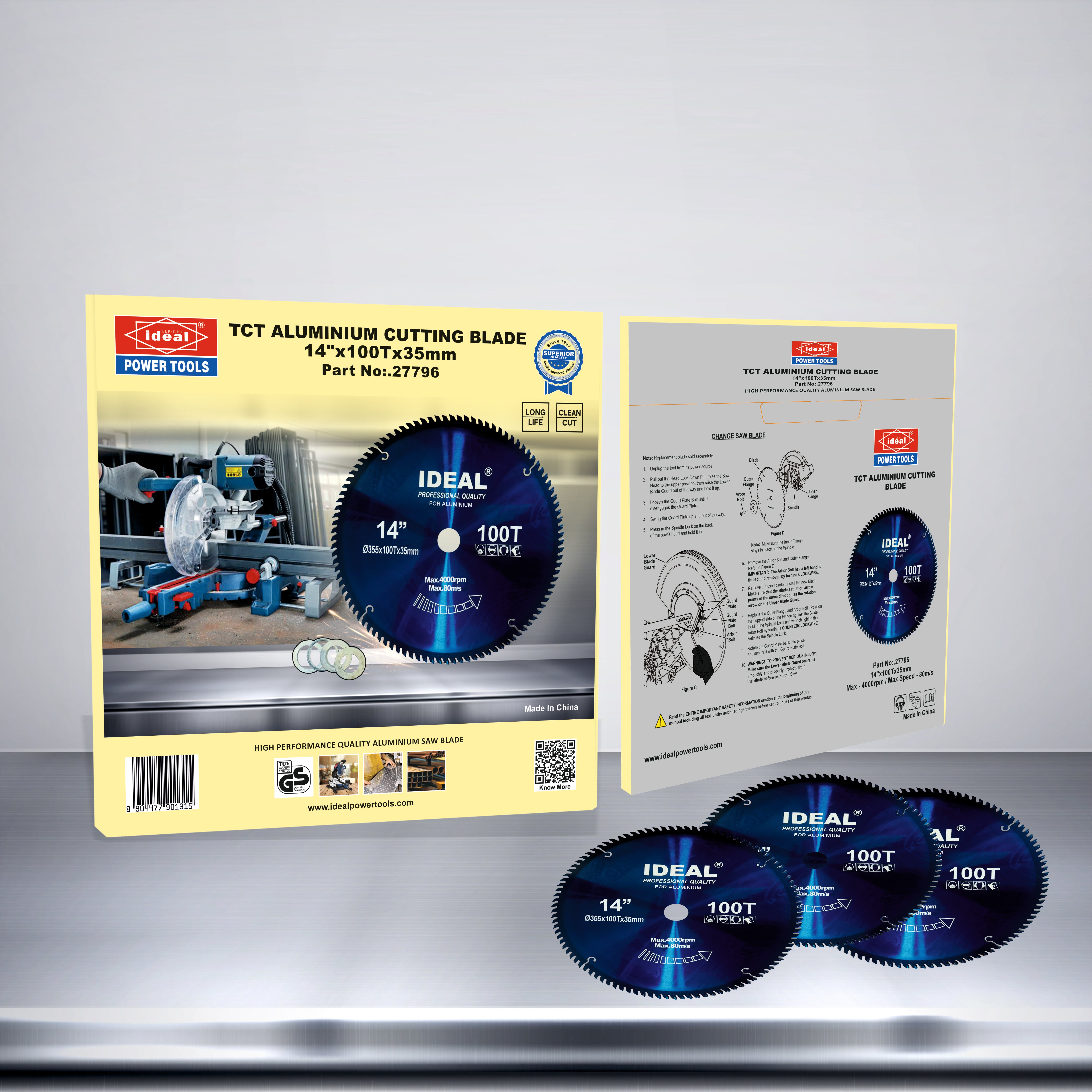Packaging of mitre saw blade of 14" and 100 tooth on a reflective background