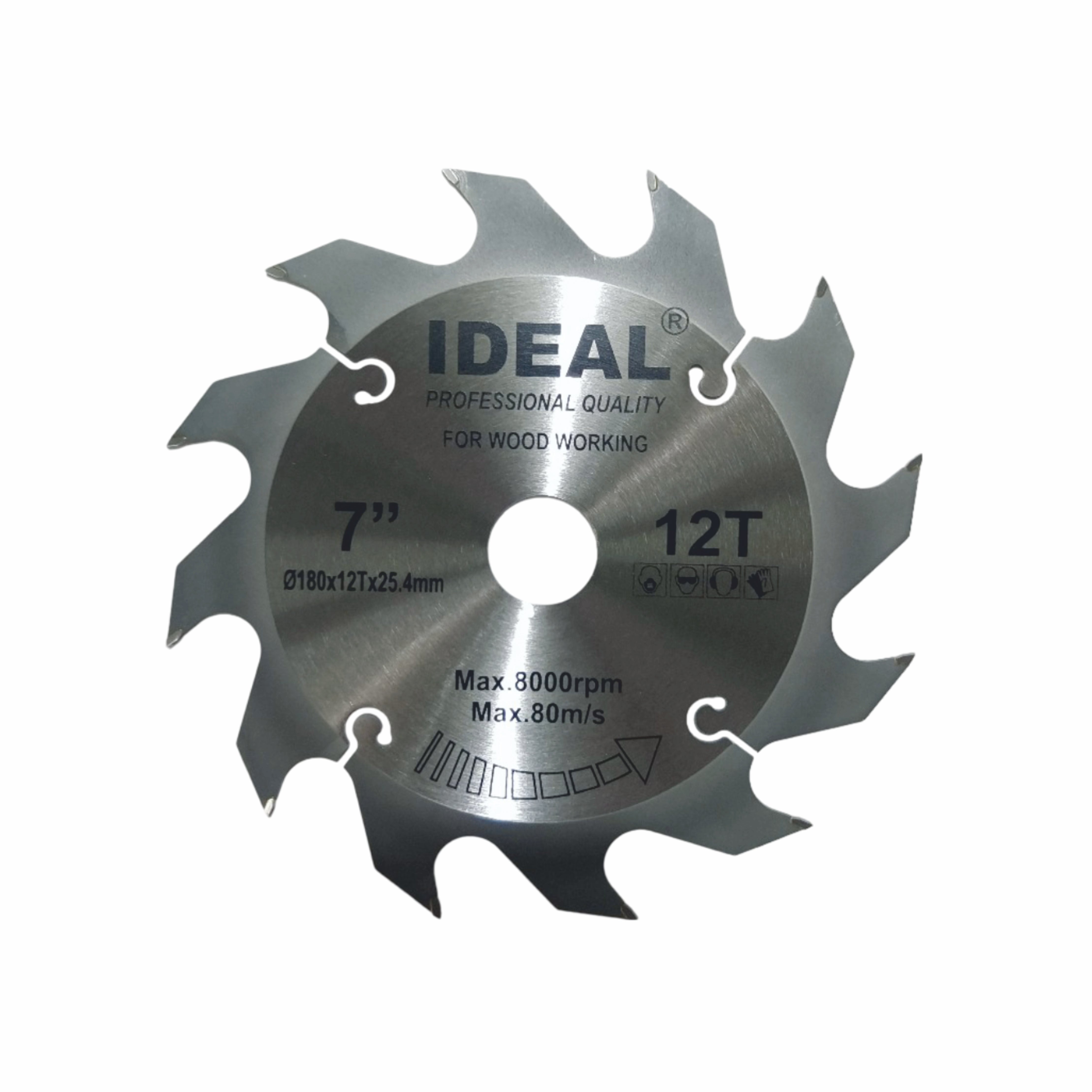 A TCT circular saw blade with IDEAL branding, marked as 7 inches in diameter and 12 teeth, suitable for wood cutting.