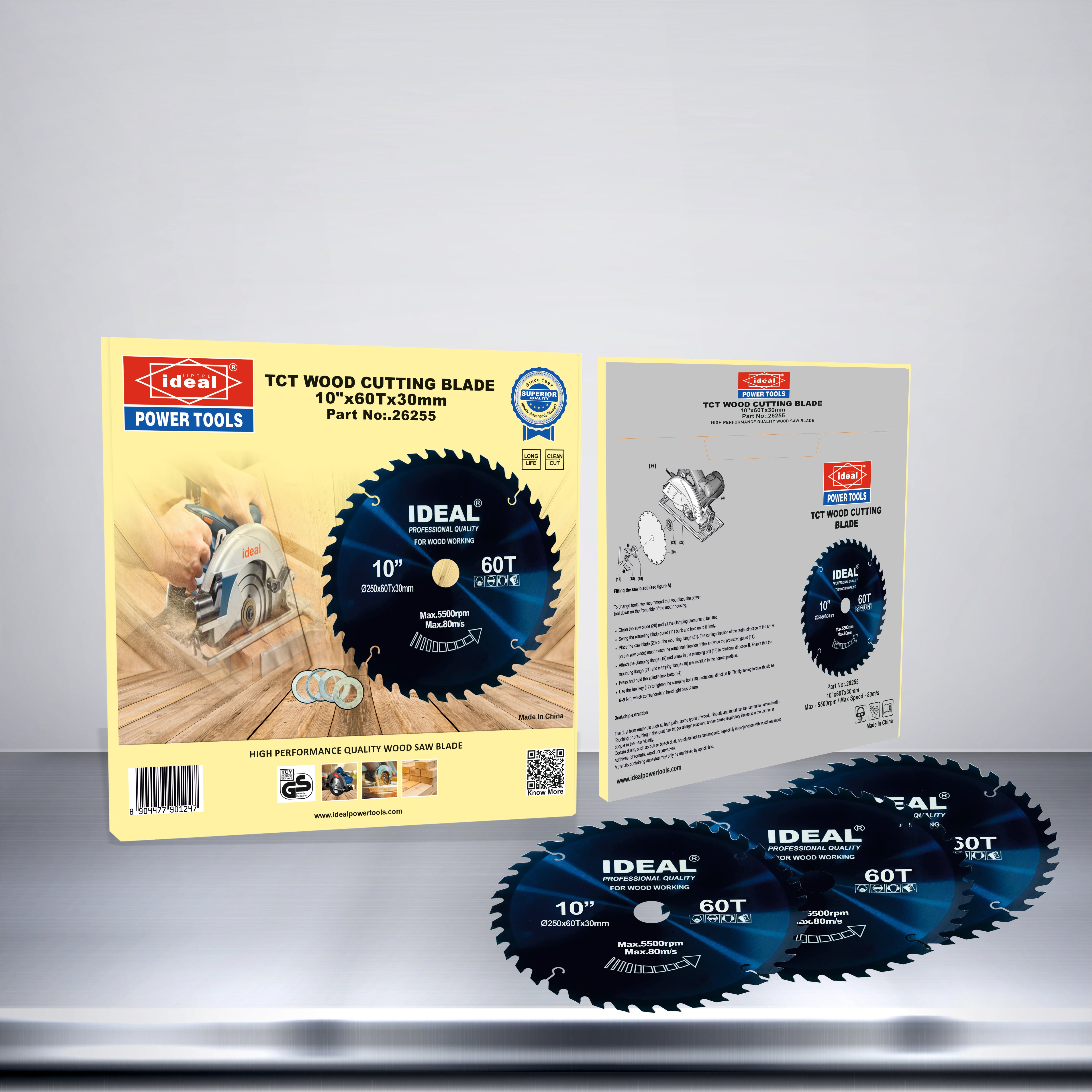 Packaging and product display of 10 inch by 60 tooth TCT wood cutting blades with detailed labels.