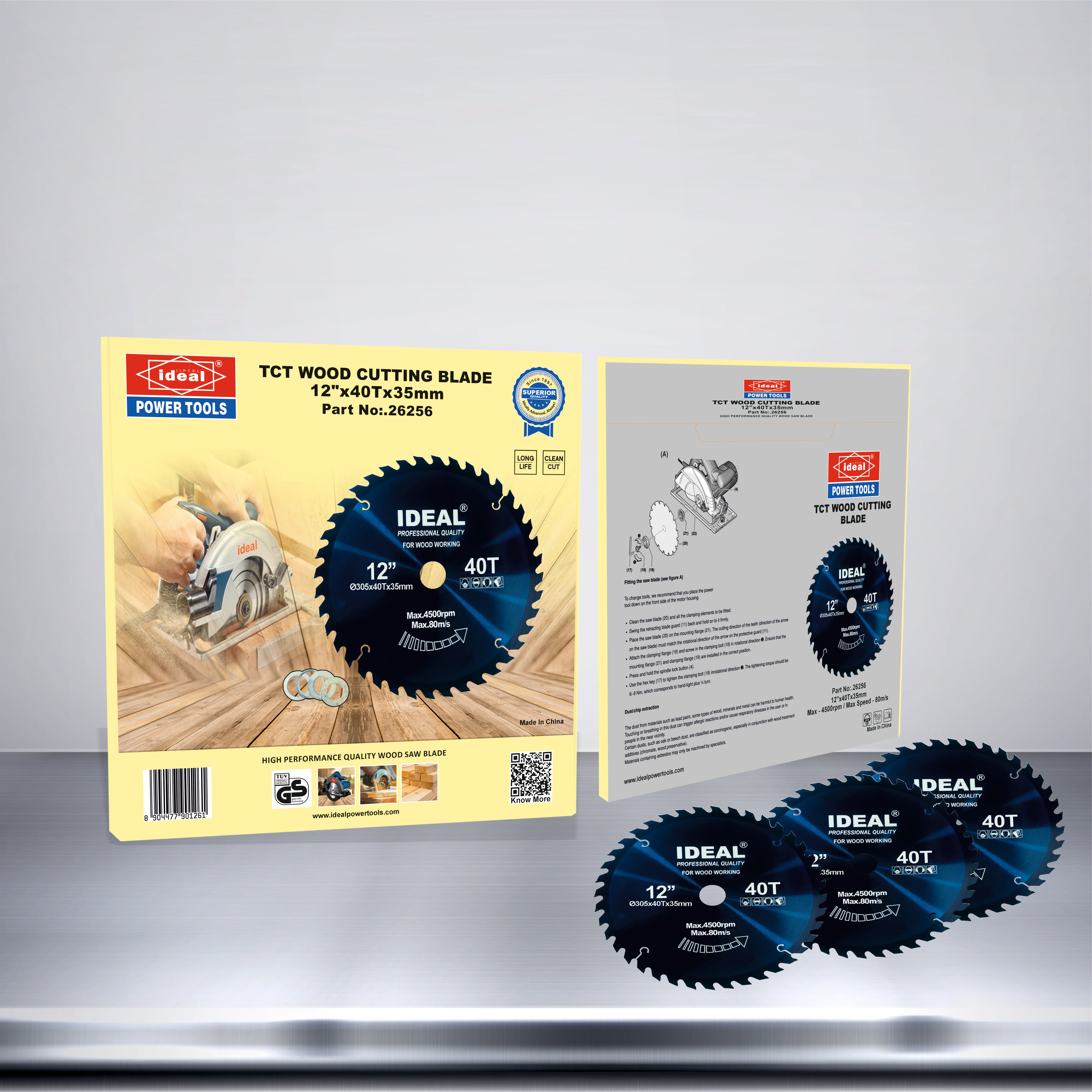 Packaging for 12 inch by 40 tooth
TCT wood cutting blades with product details on a gradient background