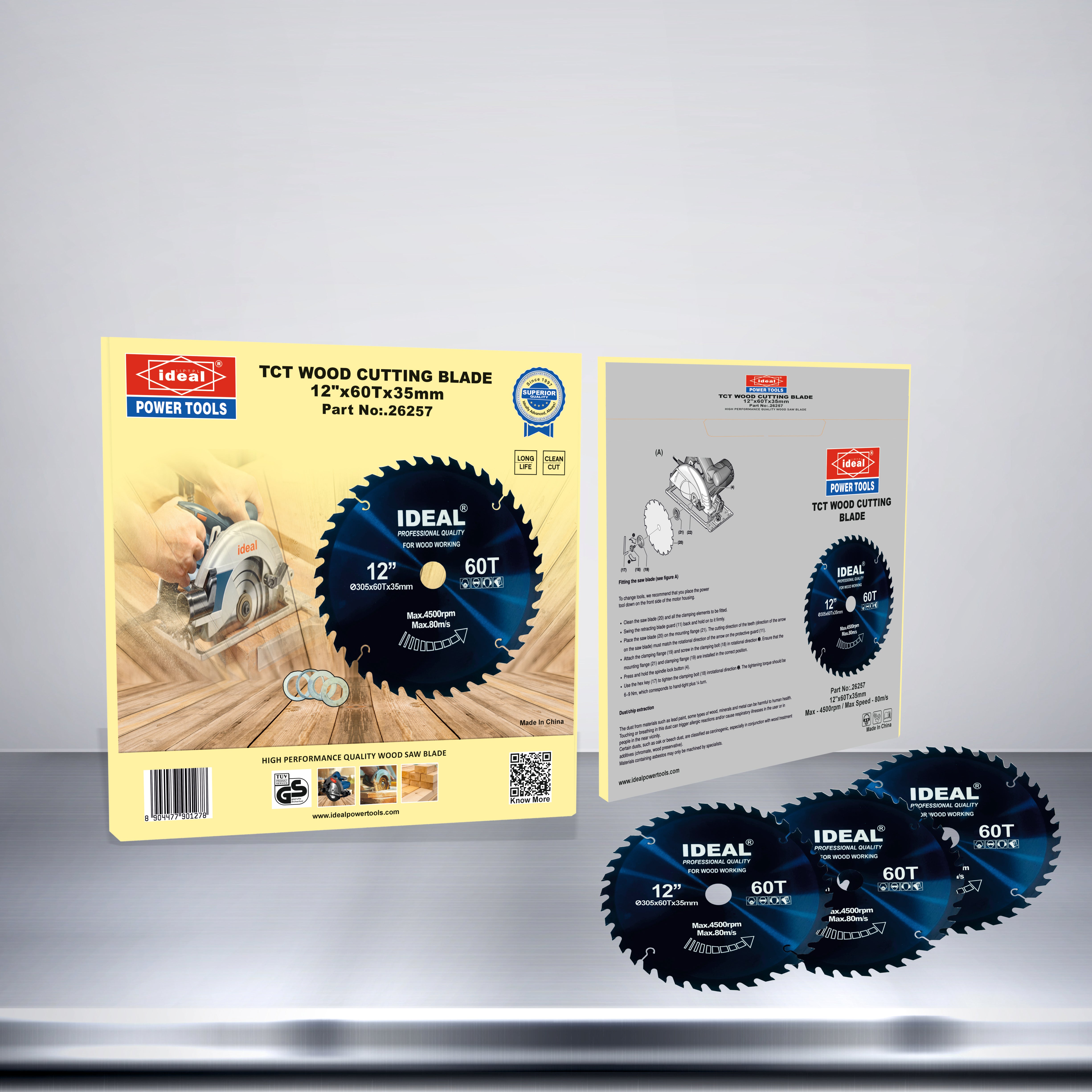 Packaging and product display of 12 inch by 80 tooth TCT wood cutting blades on a reflective surface.