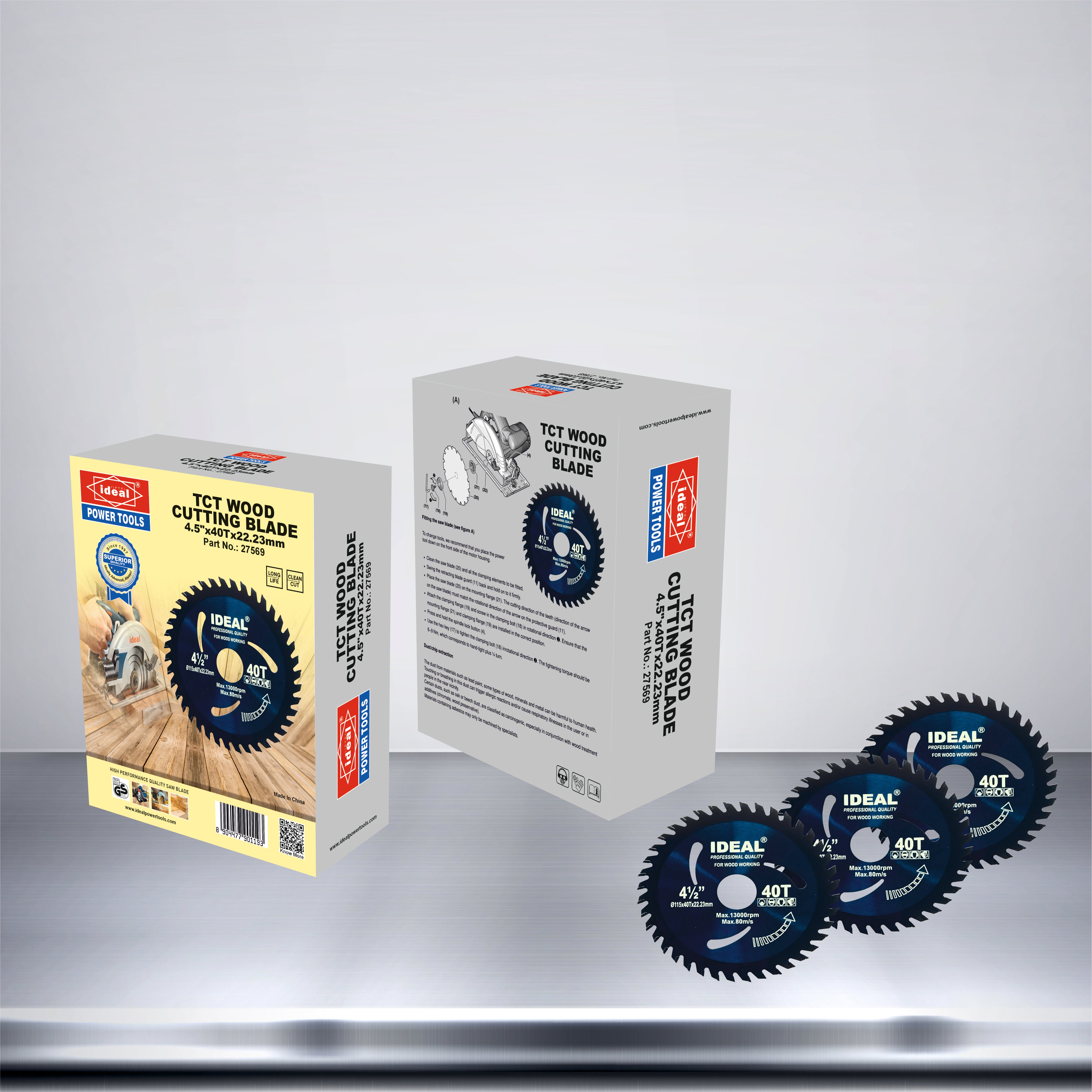 Packaging of 4.5 inch by 40 tooth circular saw blade on a reflective background
