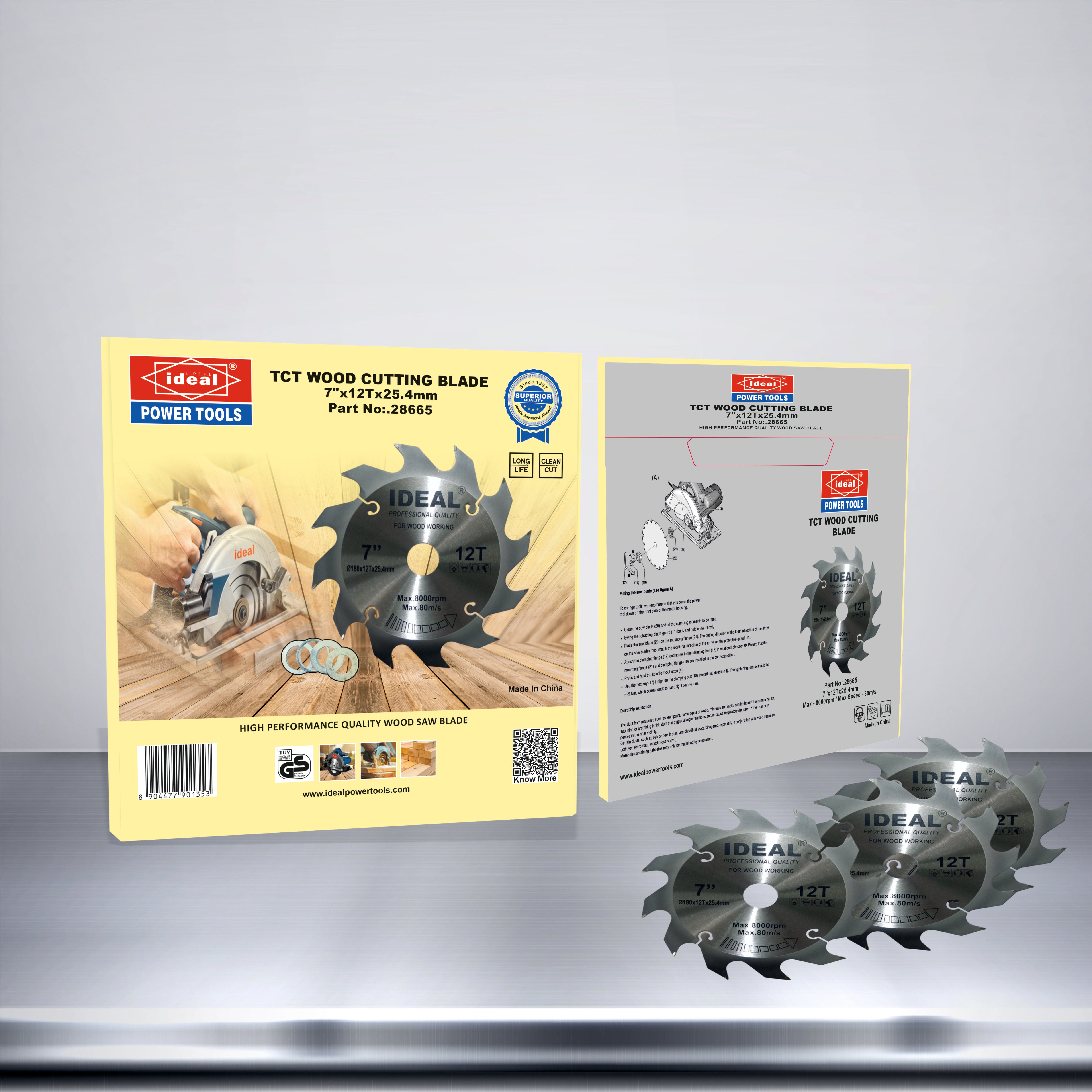 Packaging for 7 inch TCT wood cutting blades with product details on a reflective surface.