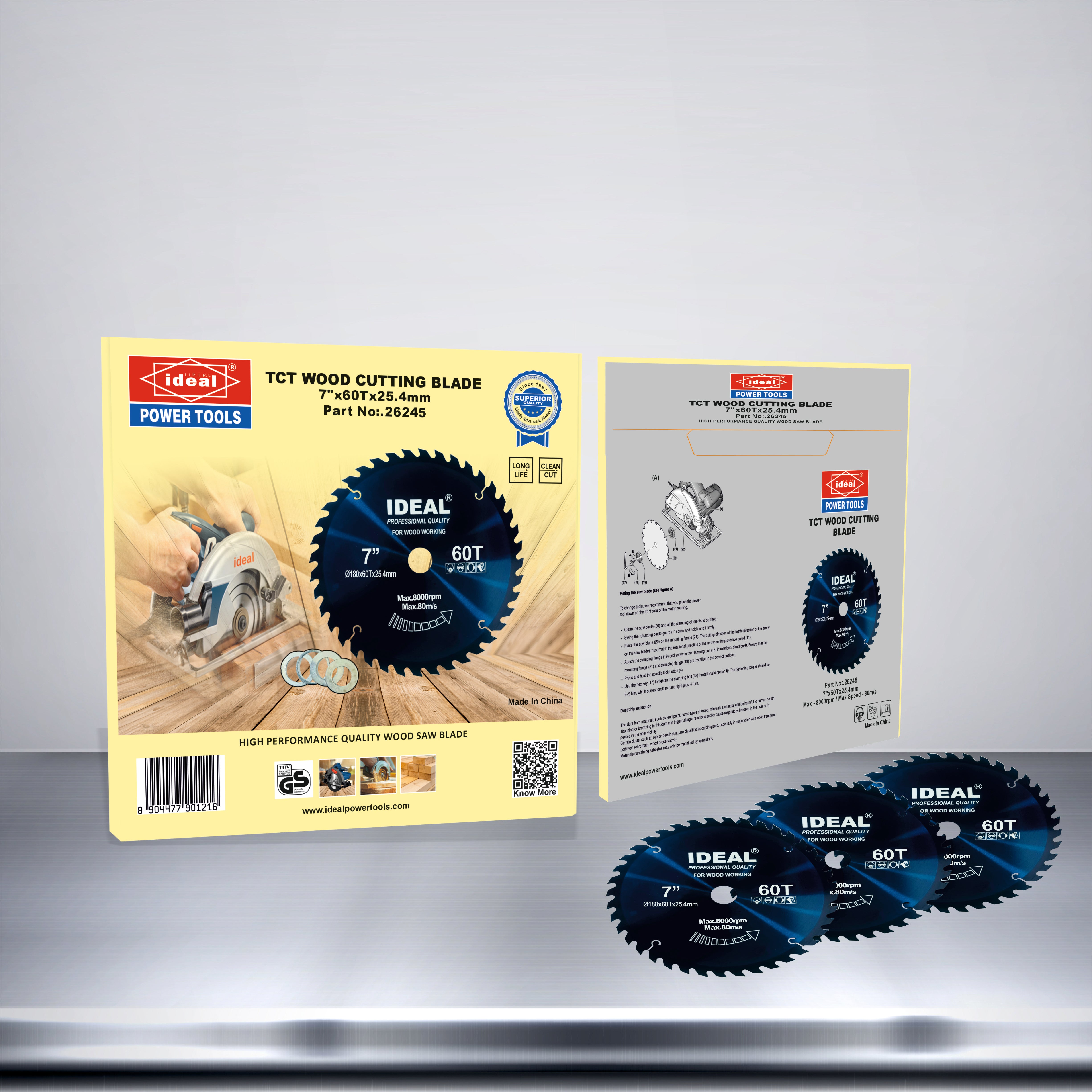 Packaging of 7 inch by 60 tooth TCT blade on a reflective surface