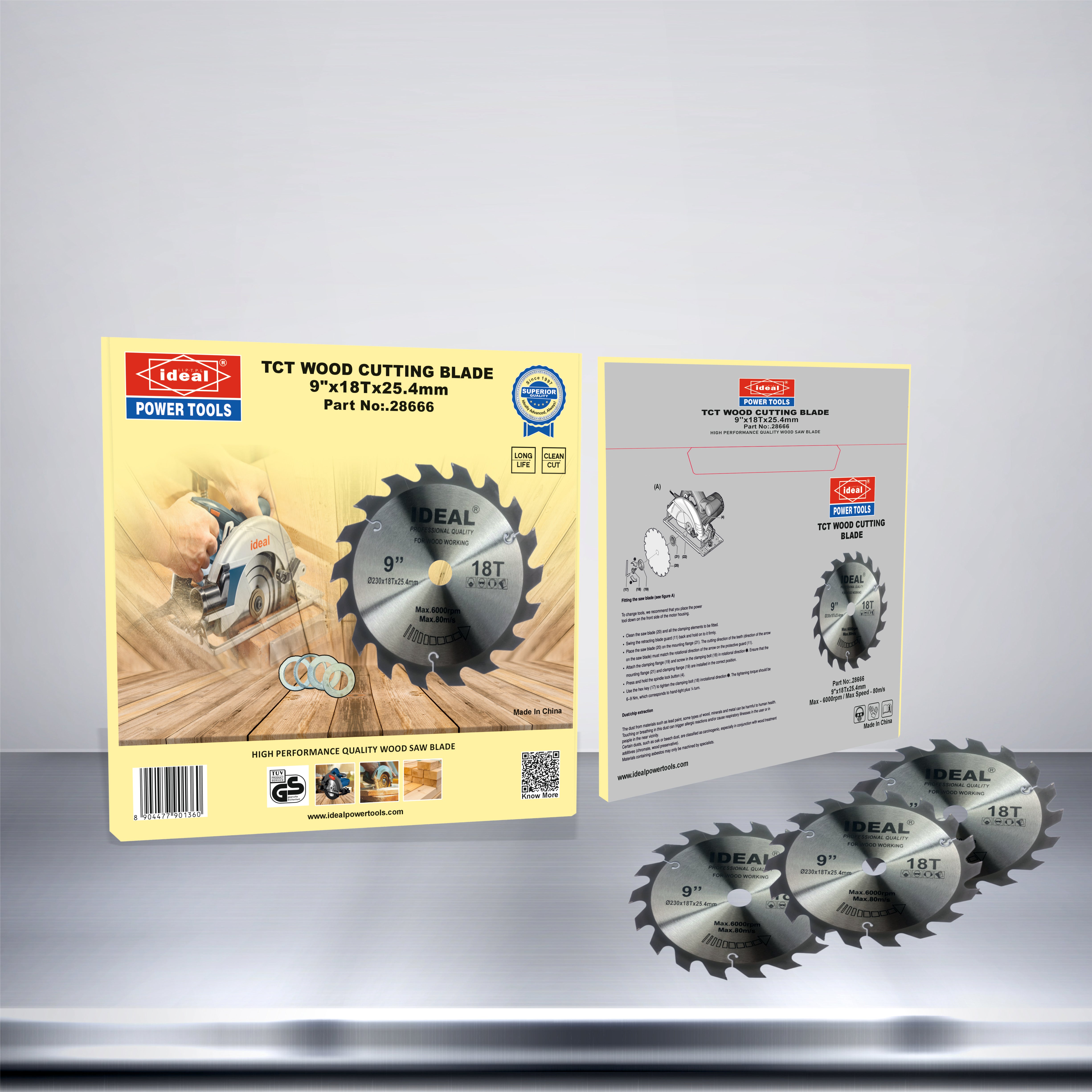 Packaging for TCT wood cutting blades of 9" with 18 tooth with product details on a gradient background.
