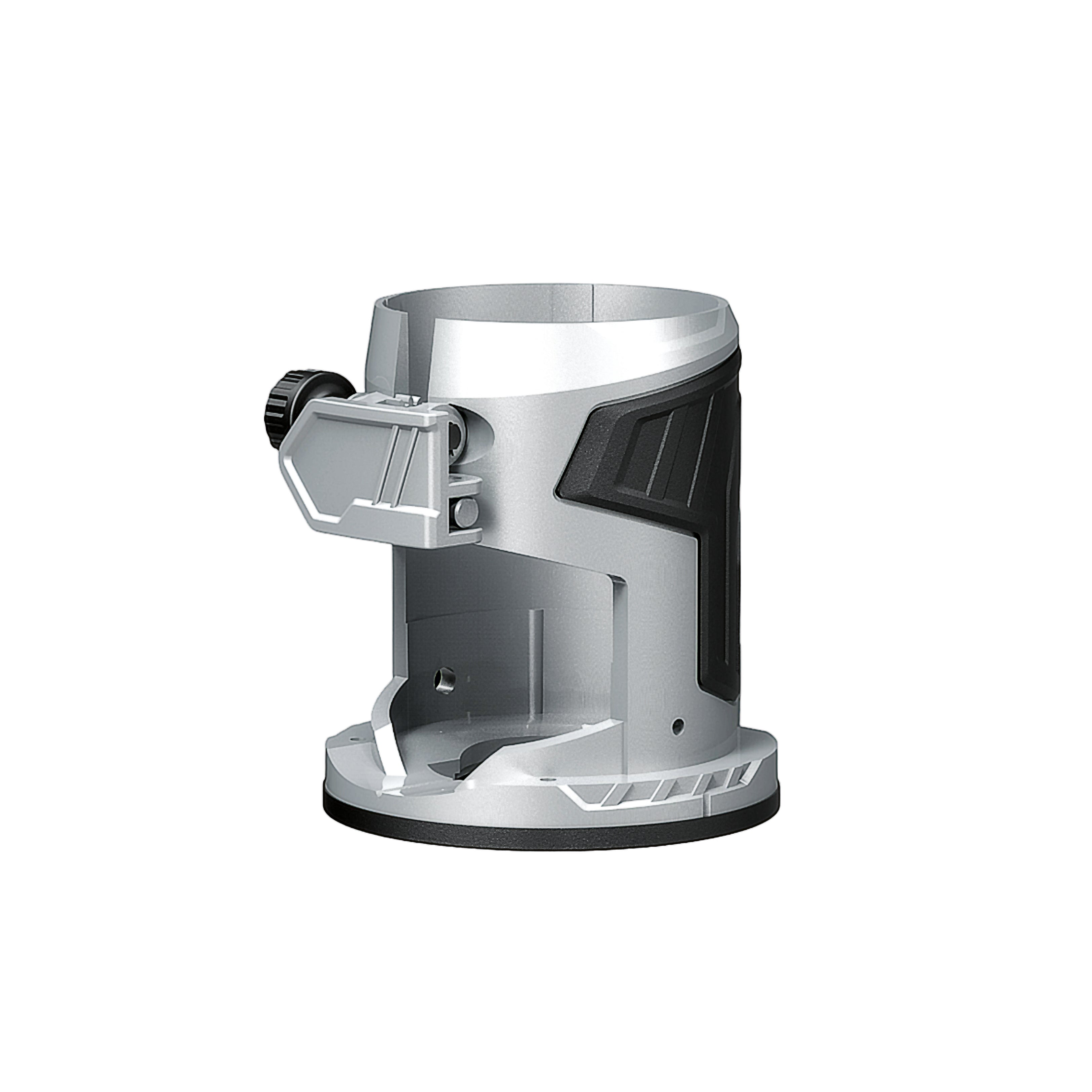 Metal stand with a circular base and adjustable arm on a white background
