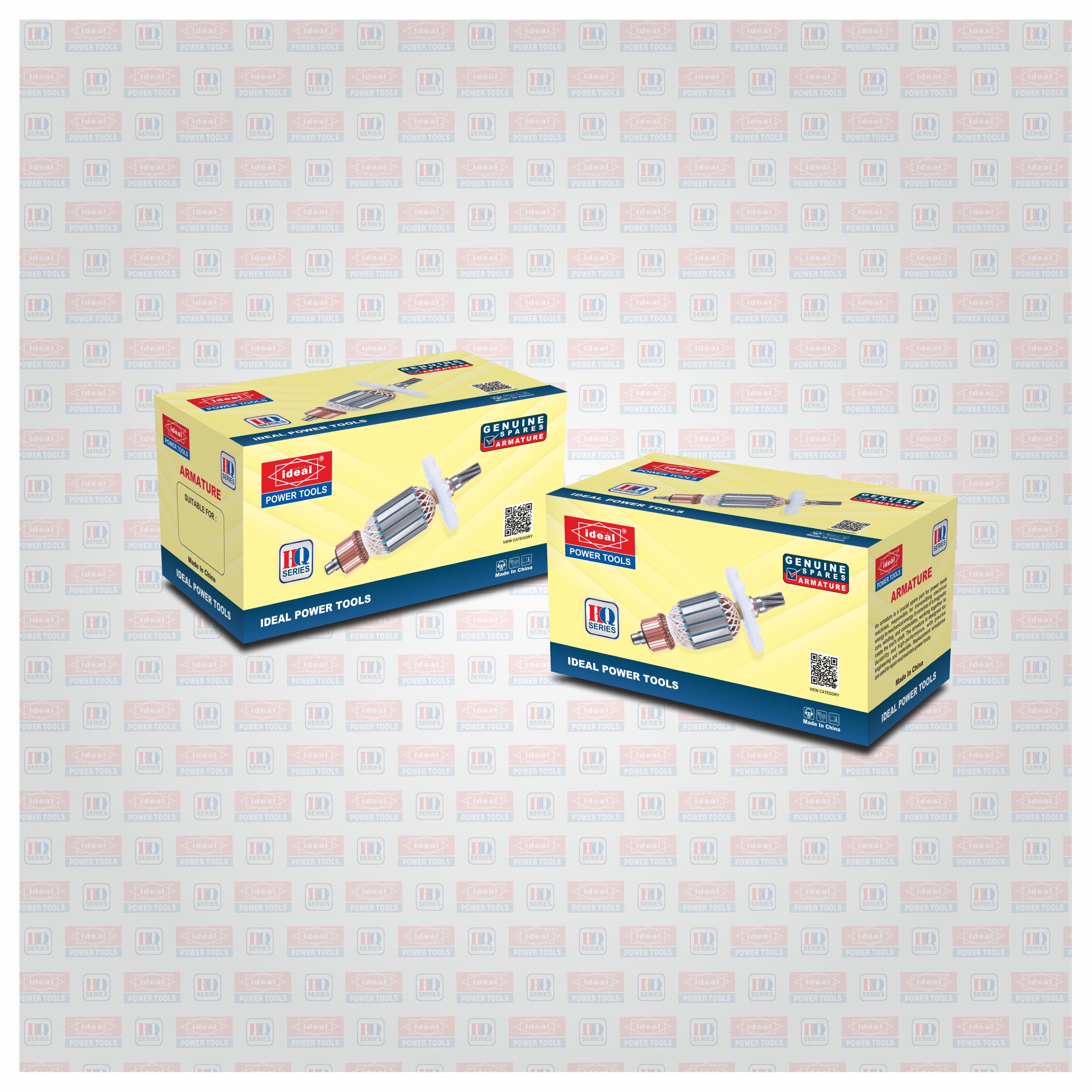 Two boxes of Ideal Power Tools armature (9-inch Angle Grinder spare part) on a patterned background