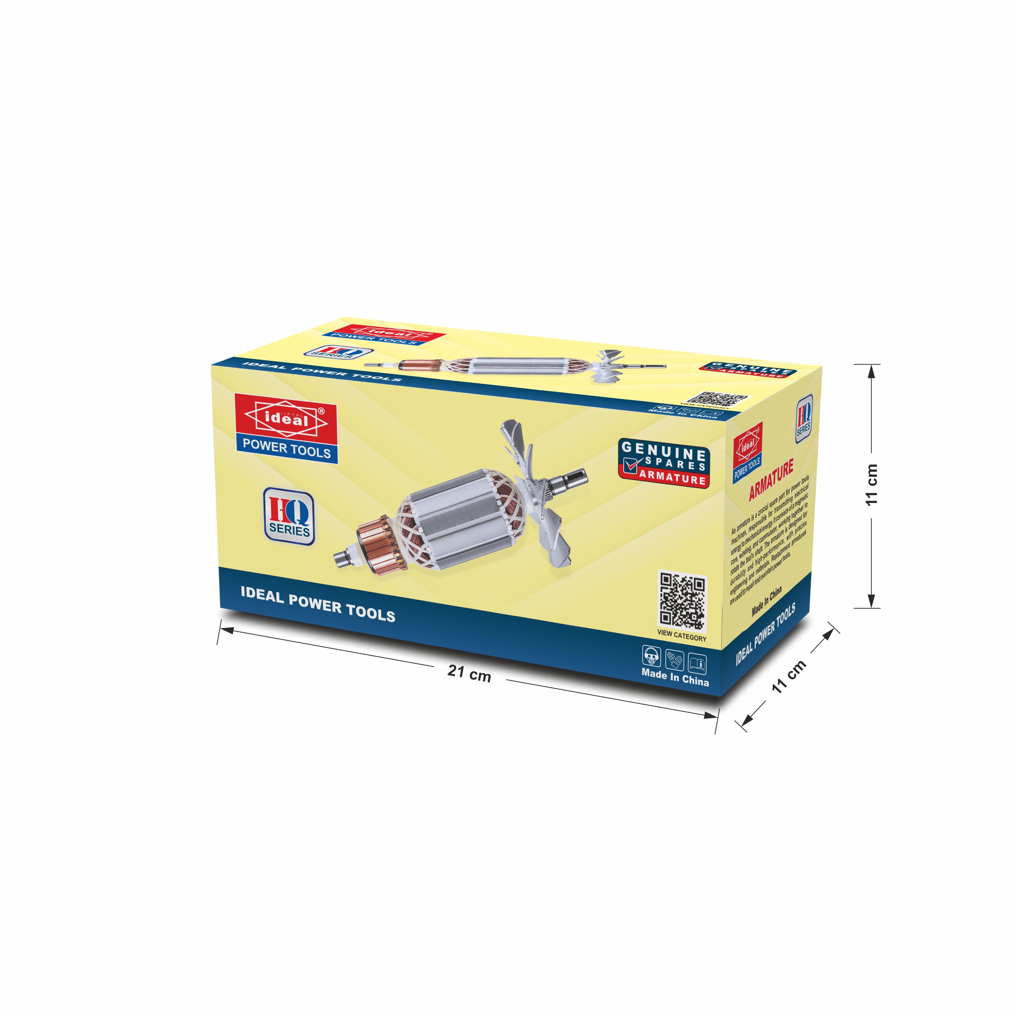 Box of Ideal Power Tools armature (9-inch Angle Grinder spare part) with illustration and dimensions