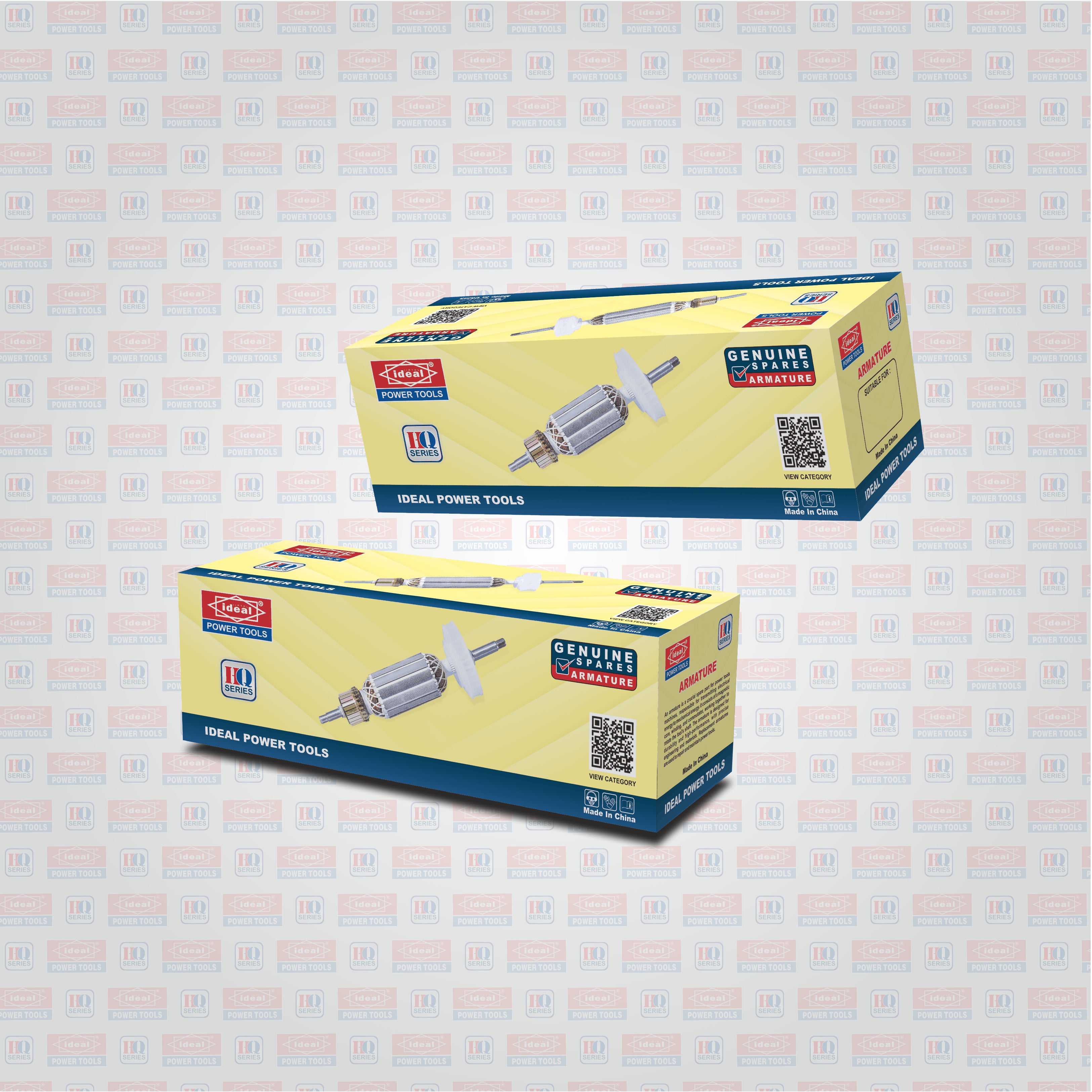 Two boxes of Ideal Power Tools armature (4" angle grinder spare part) on a light gray background with a subtle pattern.