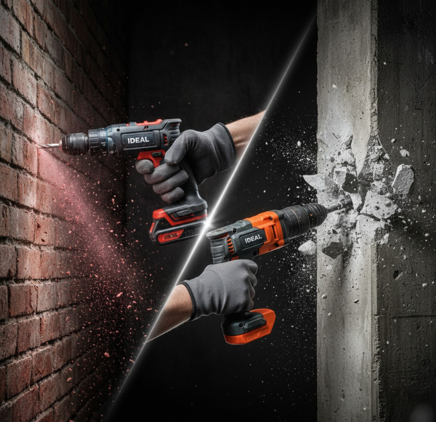 A dynamic split-screen image showing an IDEAL Impact Drill drilling into a brick wall and a powerful IDEAL Rotary Hammer breaking through a concrete pillar.