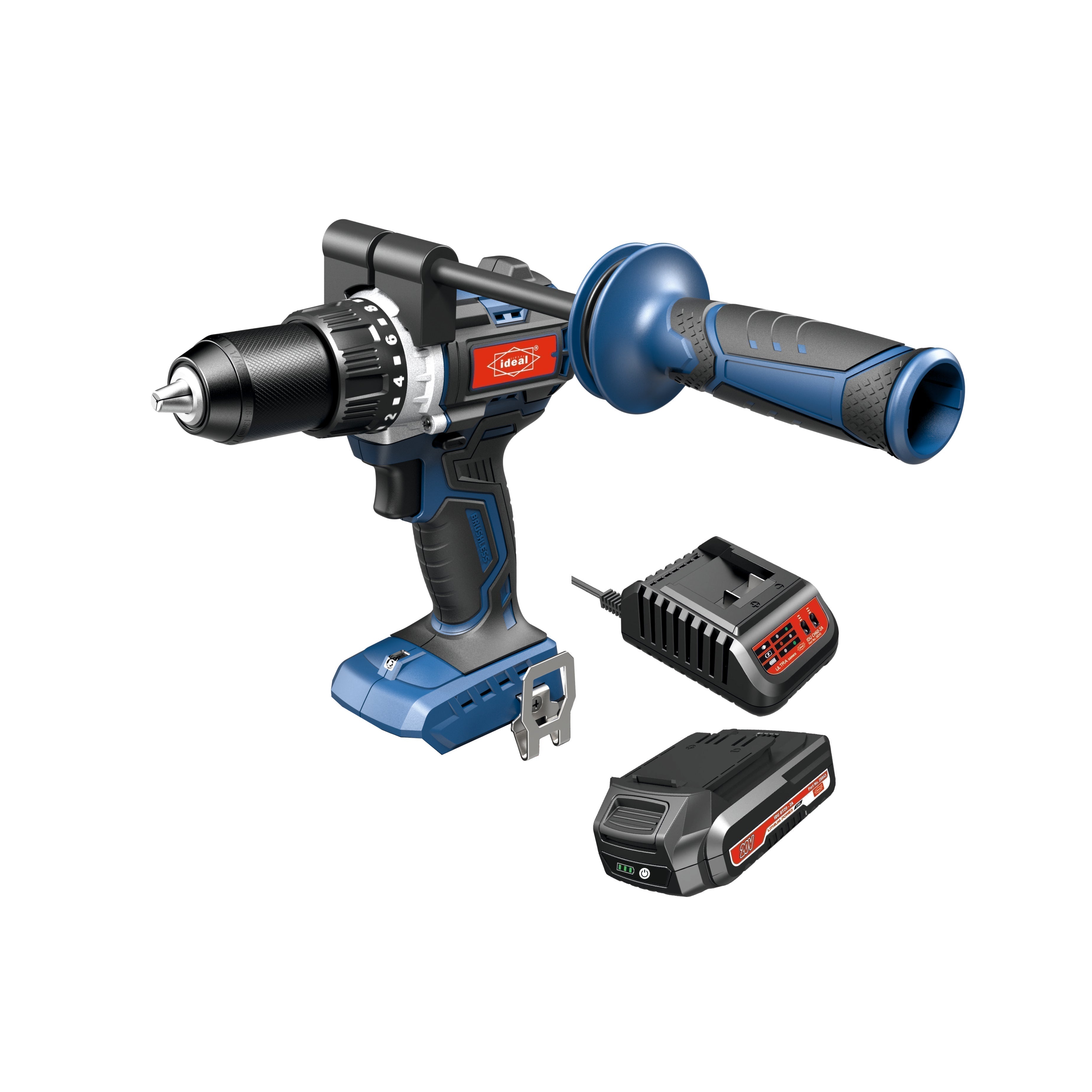 Ideal IDU ED-B85 Brushless High-Torque Cordless Drill Kit, including the blue and black drill with side handle, a 20V battery, and a fast charger.