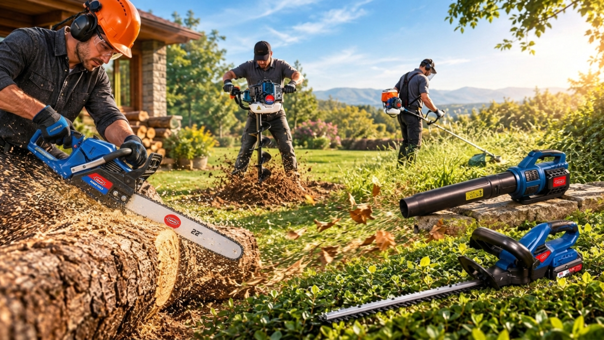 Collection of Ideal Power Tools' agriculture and gardening power tools including a chainsaw, earth auger, leaf blower, brush cutter and hedge trimmer in use.