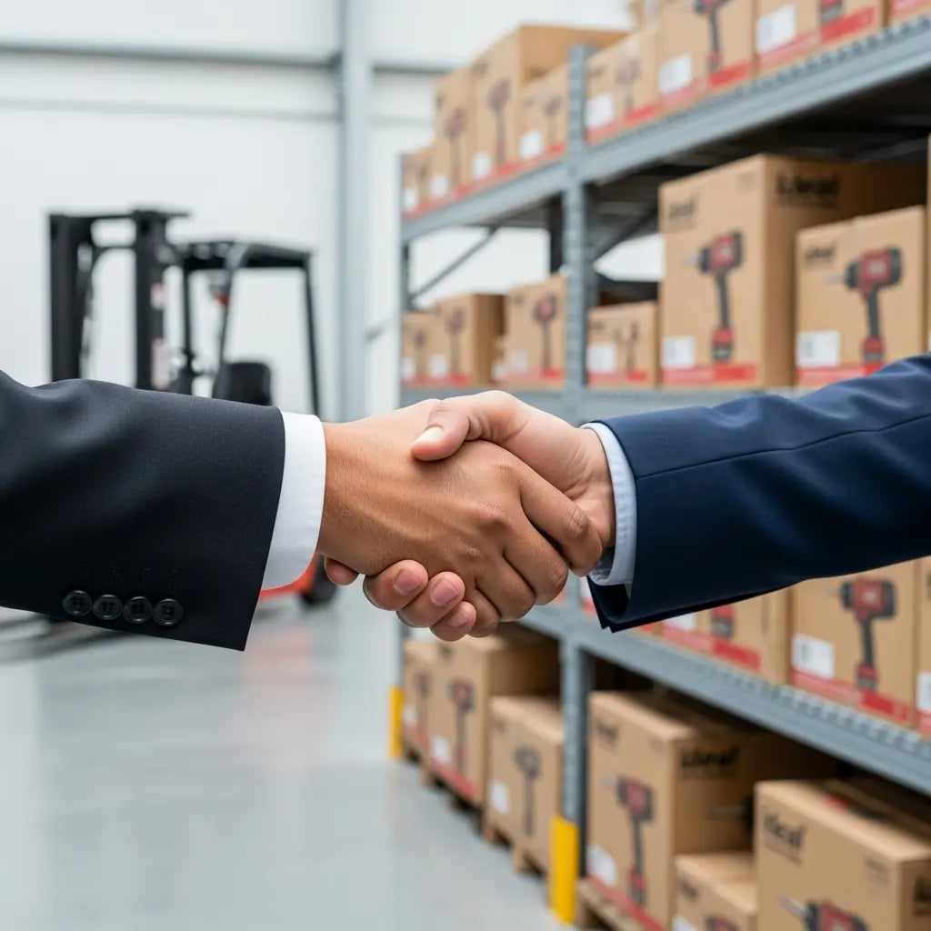 Two business professionals shaking hands in an Ideal Power Tools warehouse, sealing a distributor partnership agreement.