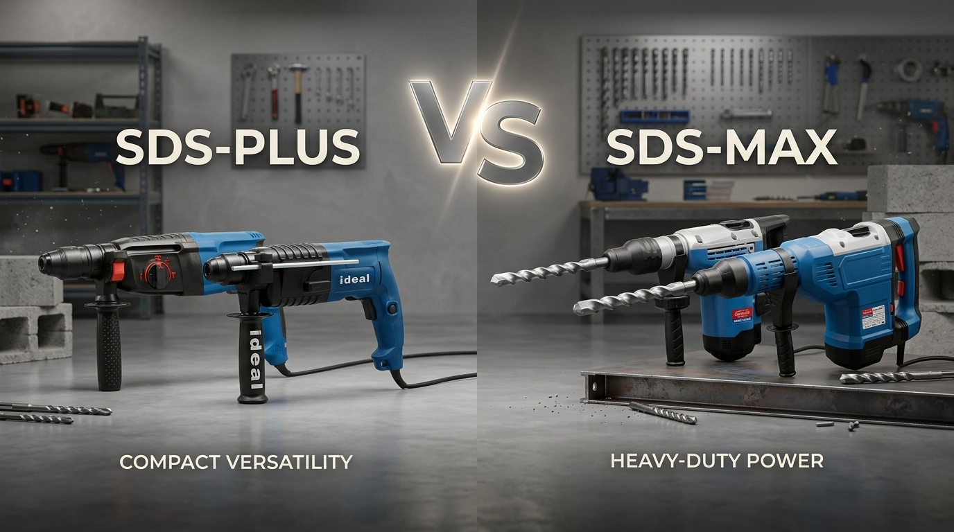 A side-by-side comparison of IDEAL SDS-Plus and SDS-Max rotary hammers in a workshop, labeled 'Compact Versatility' versus 'Heavy-Duty Power'