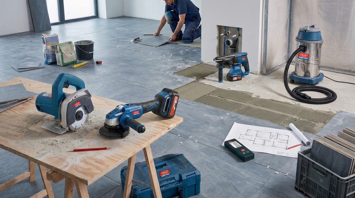 A professional tile installer checking the level of a newly tiled floor during installation.