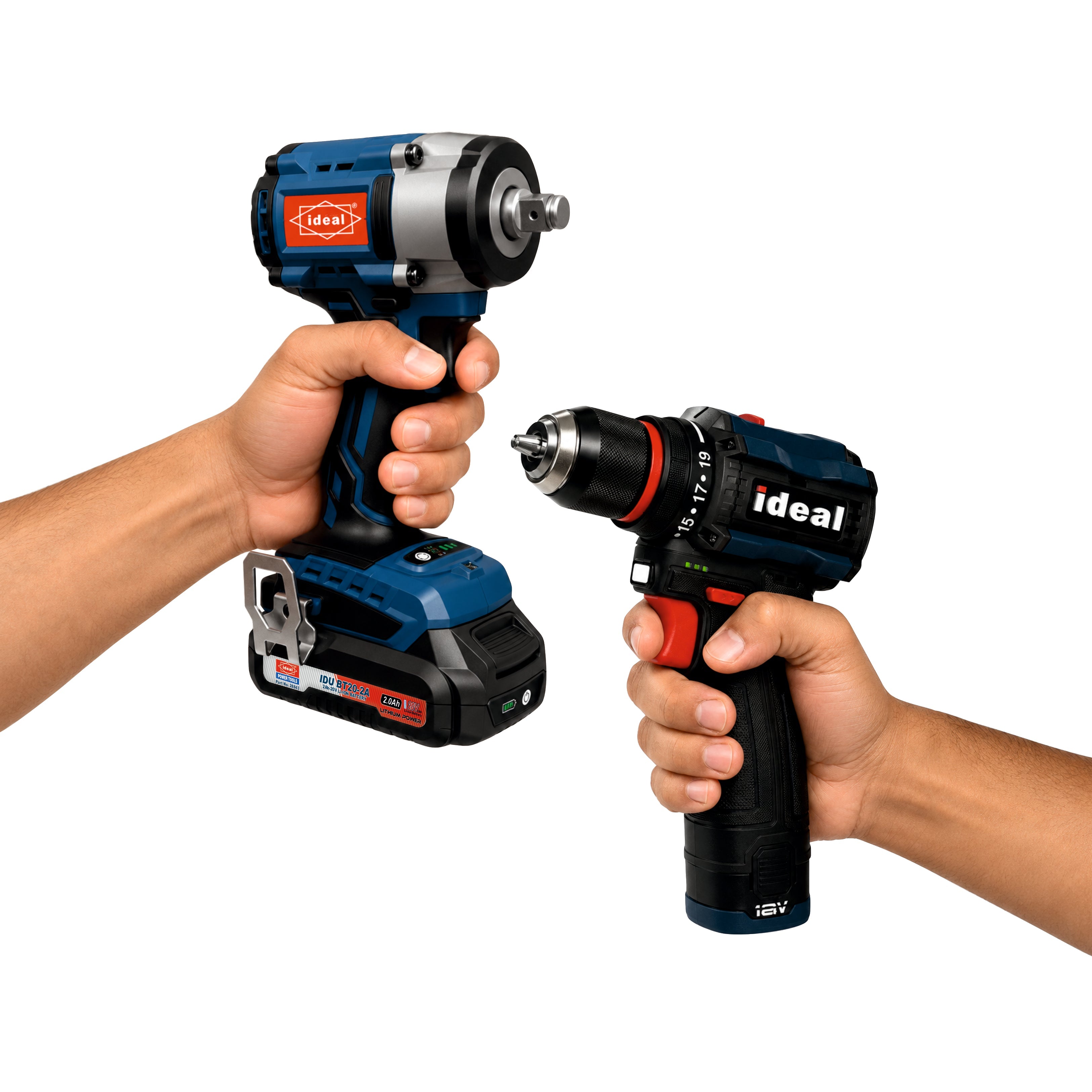 Cordless DC Tools collection featuring a cordless drill and impact wrench by Ideal Power Tools