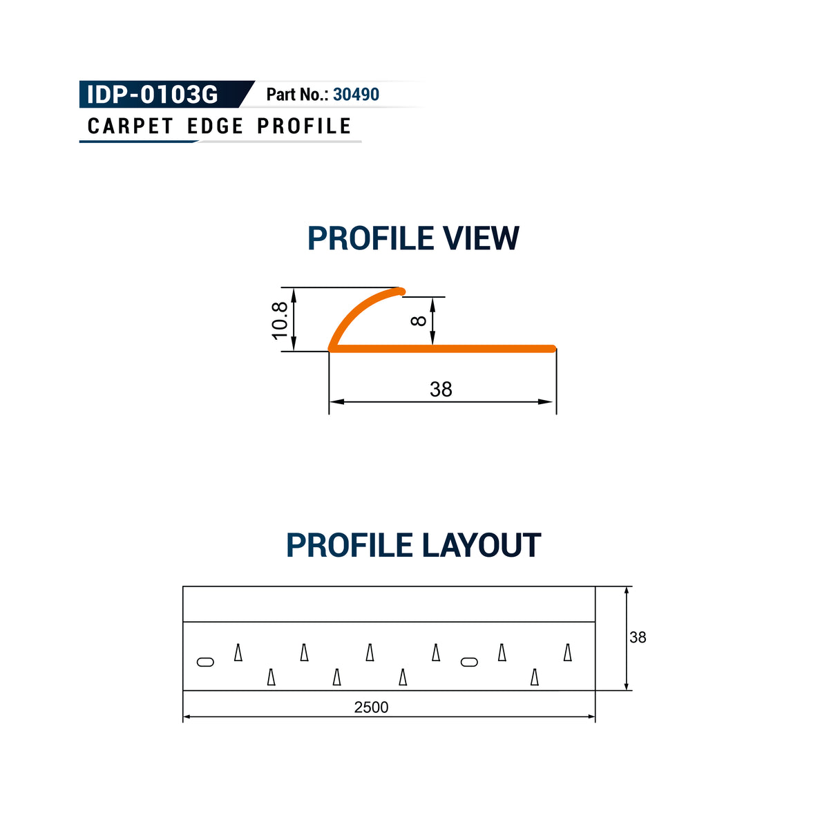 Technical specification diagram for a carpet edge profile, showing profile view and profile layout dimensions with part number IDP-0103G and part number 30490.