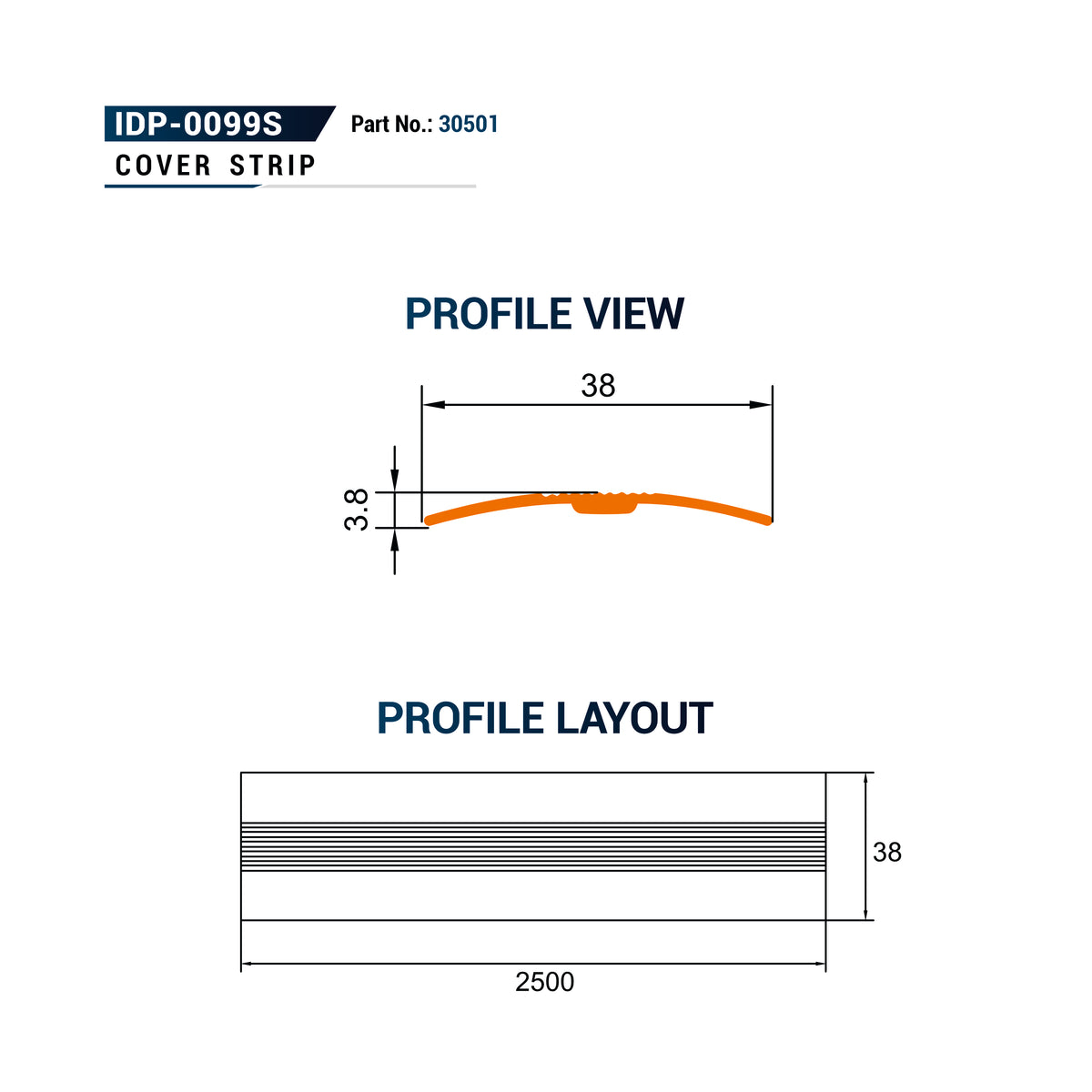 Technical specification diagram for a cover strip, showing profile view and profile layout dimensions with part number IDP-0099S and product code 30501.