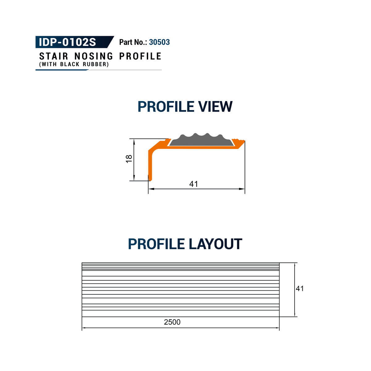 Technical specification diagram for a stair nosing profile, showing profile view and profile layout. The profile is illustrated with orange and black rubber elements on a white background with text labels IDP-0102S and Part No.