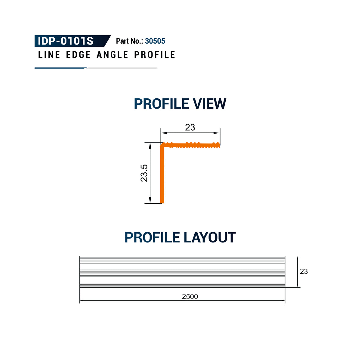 Technical specification diagram for a Line Edge Angle Profile, showing profile view and profile layout dimensions.