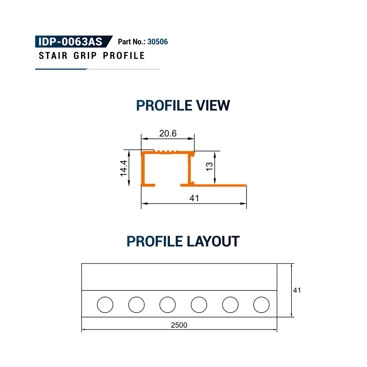 Technical drawing for a stair grip profile, showing profile view and profile layout with dimensions.