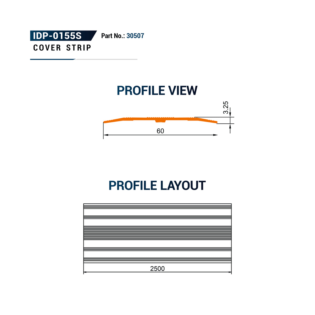 Technical specification diagram for a cover strip, showing profile view and profile layout with dimensions labeled.