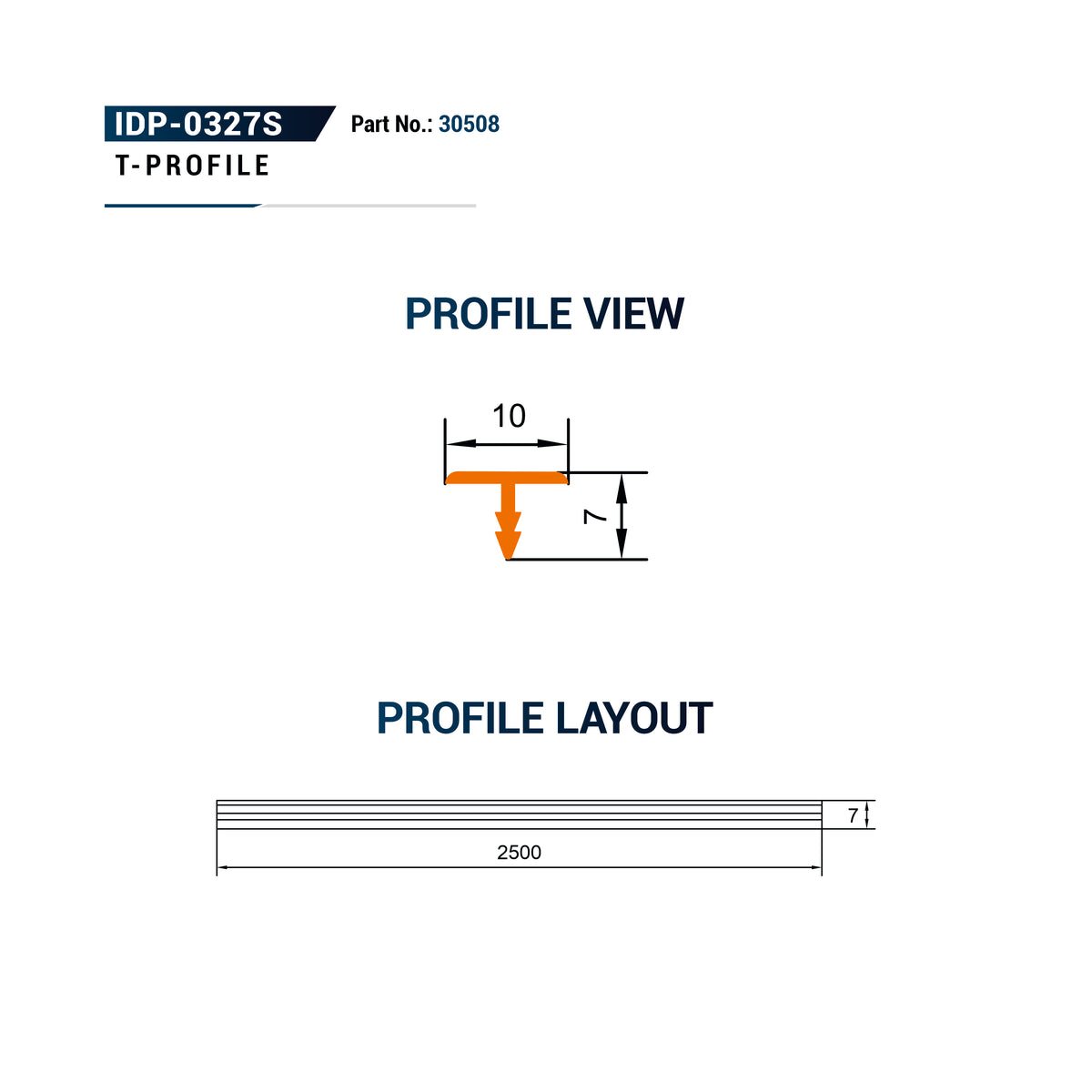 Technical specification sheet for a T-profile section, showing profile view with a dimensioned orange T-shape and profile layout with dimensions